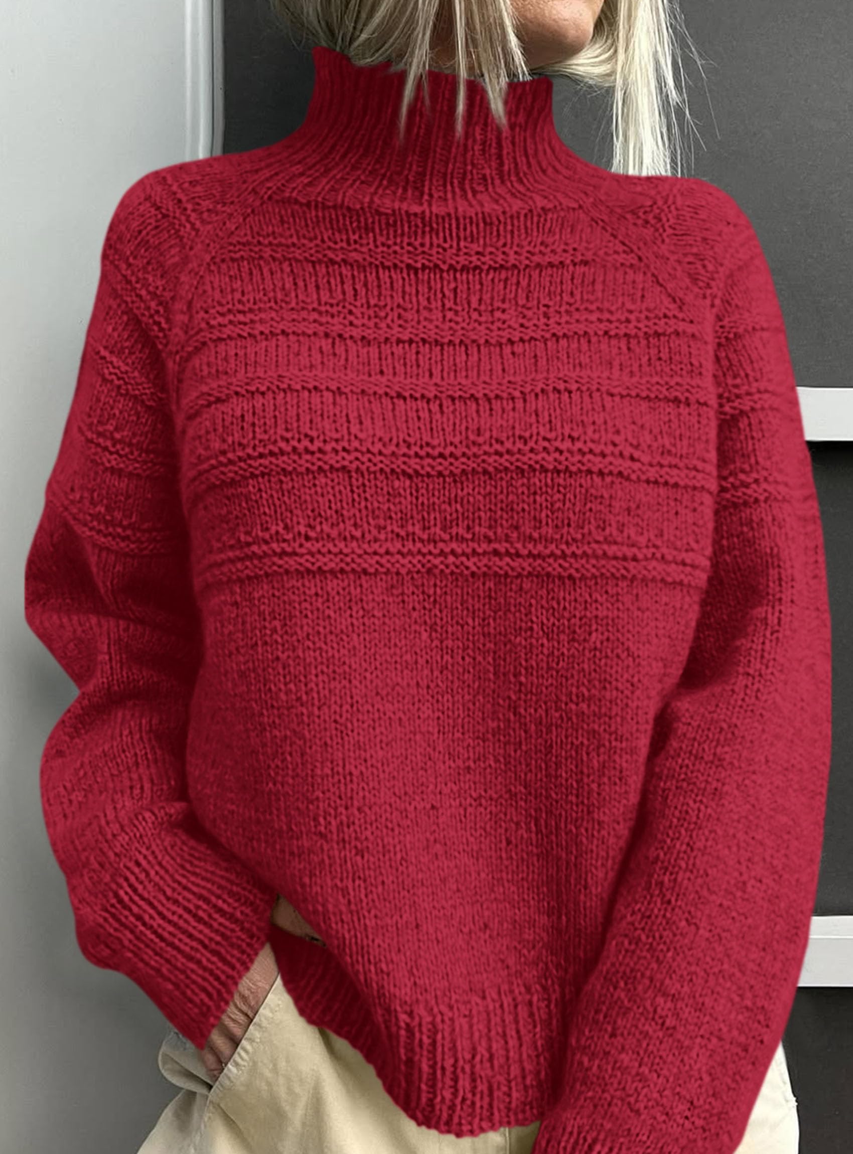 Women's Chunky Knit Mock Neck Pullover Sweaters,Red,S