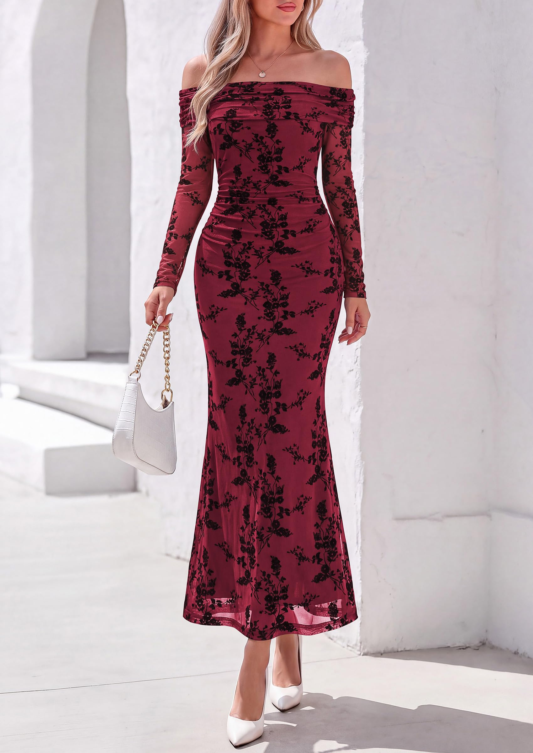 Womens Fall Off Shoulder Floral Maxi Wedding Guest Dress