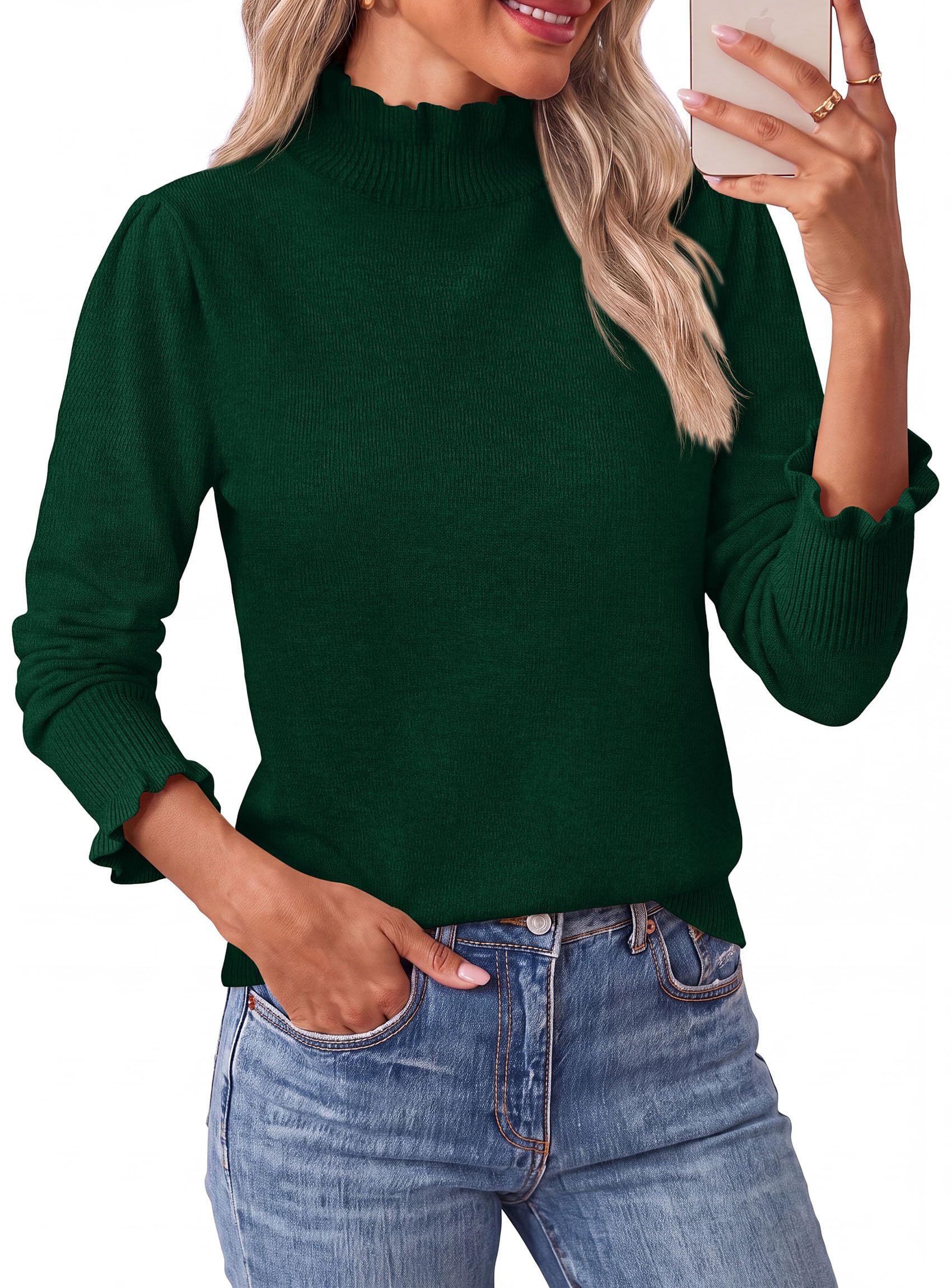 Women's Fall Cozy Sweaters Trendy Ruffle Mock Neck Pullover