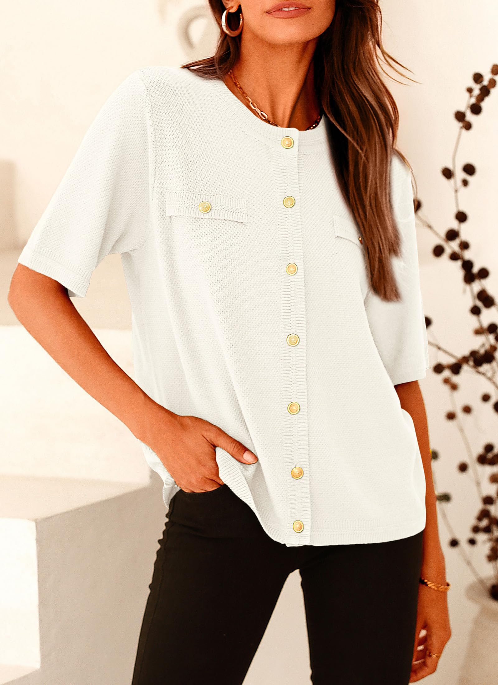 Women's Summer Casual Button Down Shirts White,Small