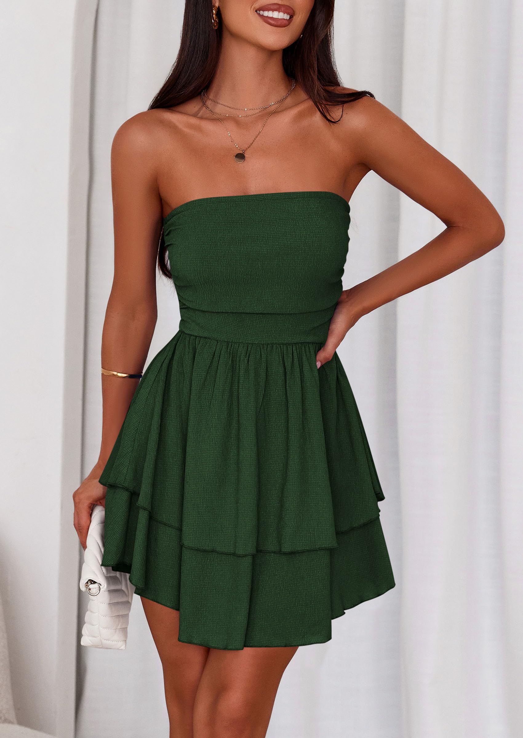 Women's Summer Strapless Flowy Mini Dresses (Dark Green,S)