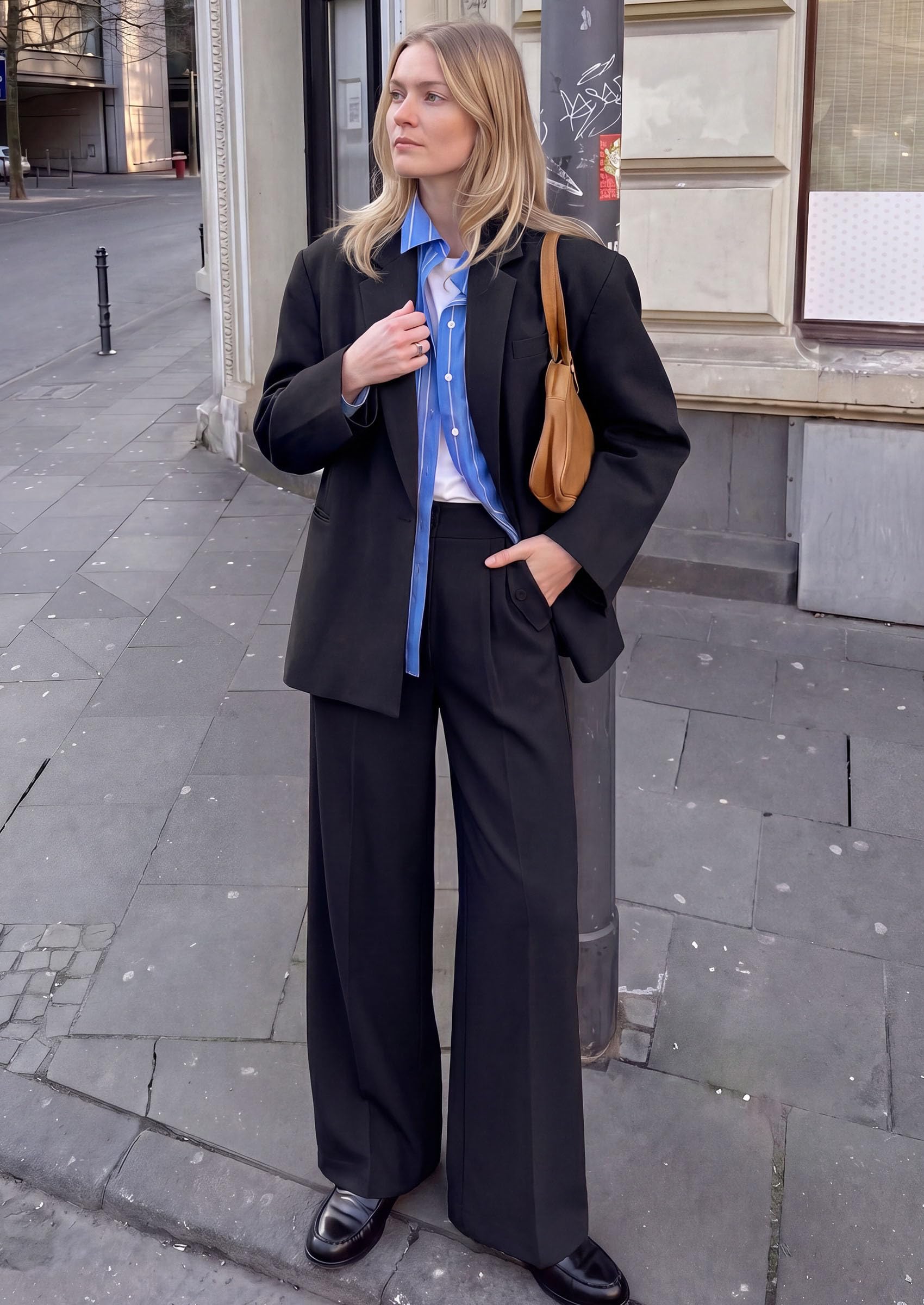 Women's Wide Leg Work Dress Pants Trousers (Black,S)