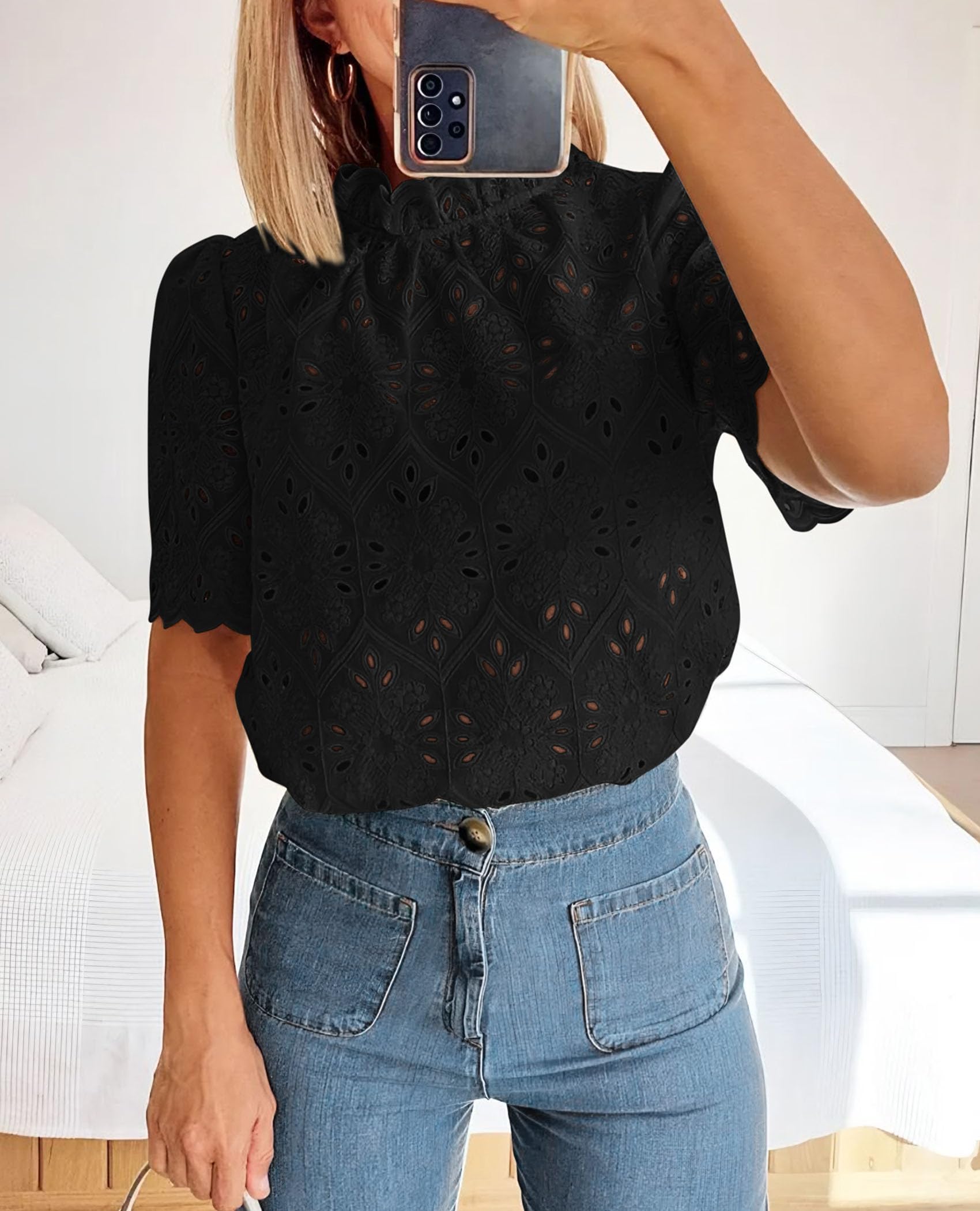 Women Summer Tops Eyelet Embroidered Shirts,Black,XS