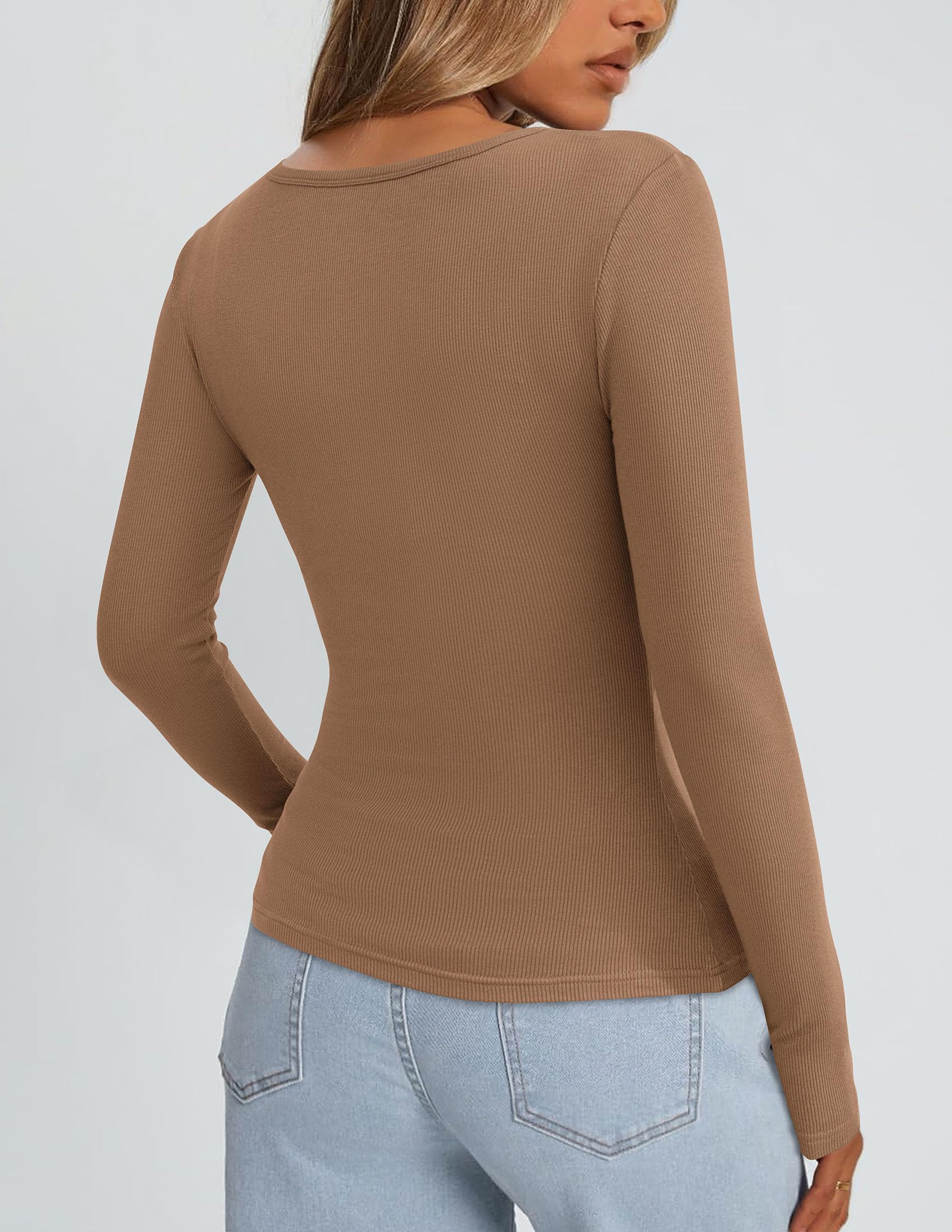 Square Neck Long Sleeve Shirts for Women Light Khaki,XS