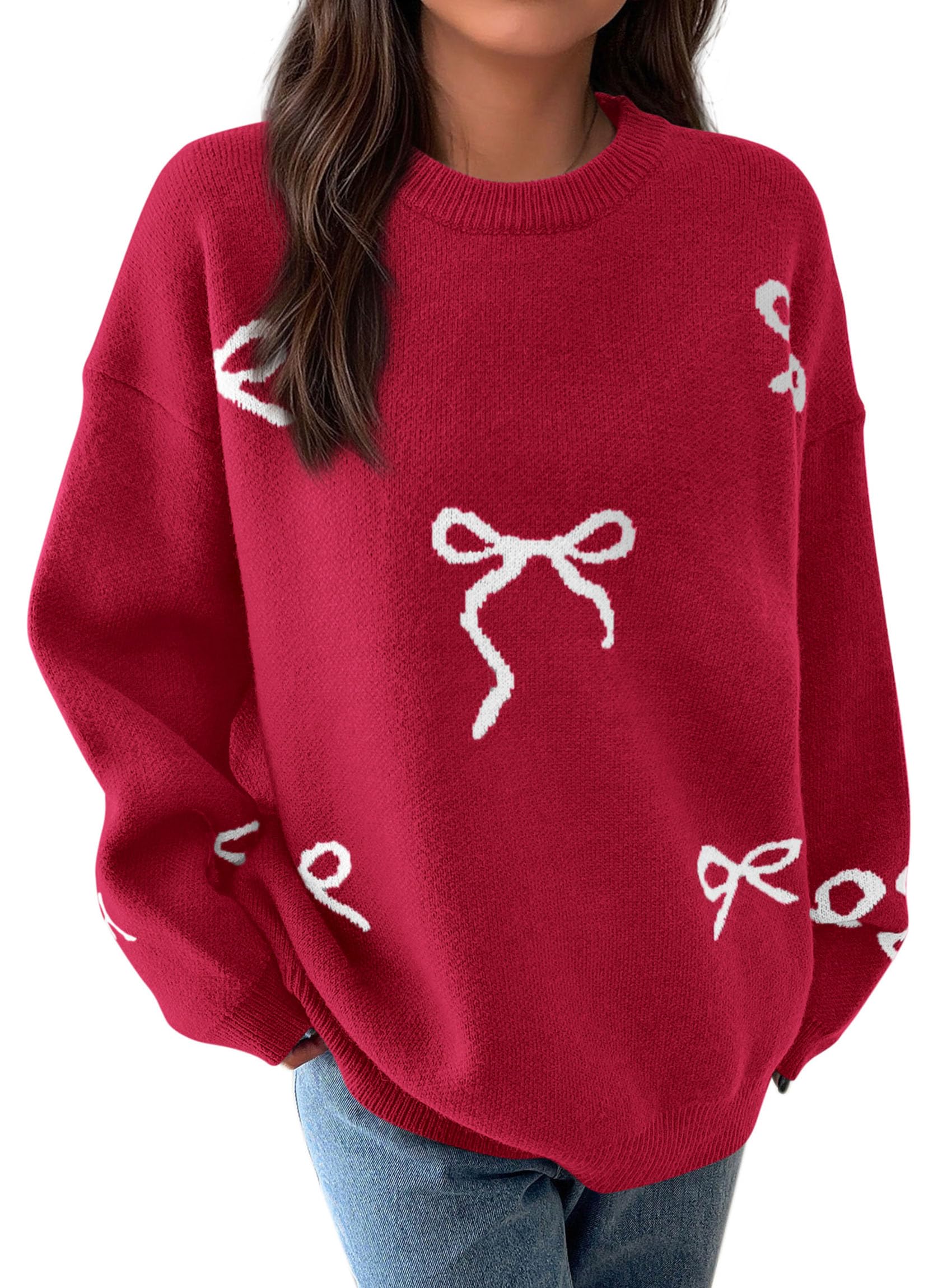 Fall Long Sleeve Pullover Sweaters for Women 2026 Trendy Crewneck Casual Cute Bow Chunky Knit Oversized Sweater (Red,Small)