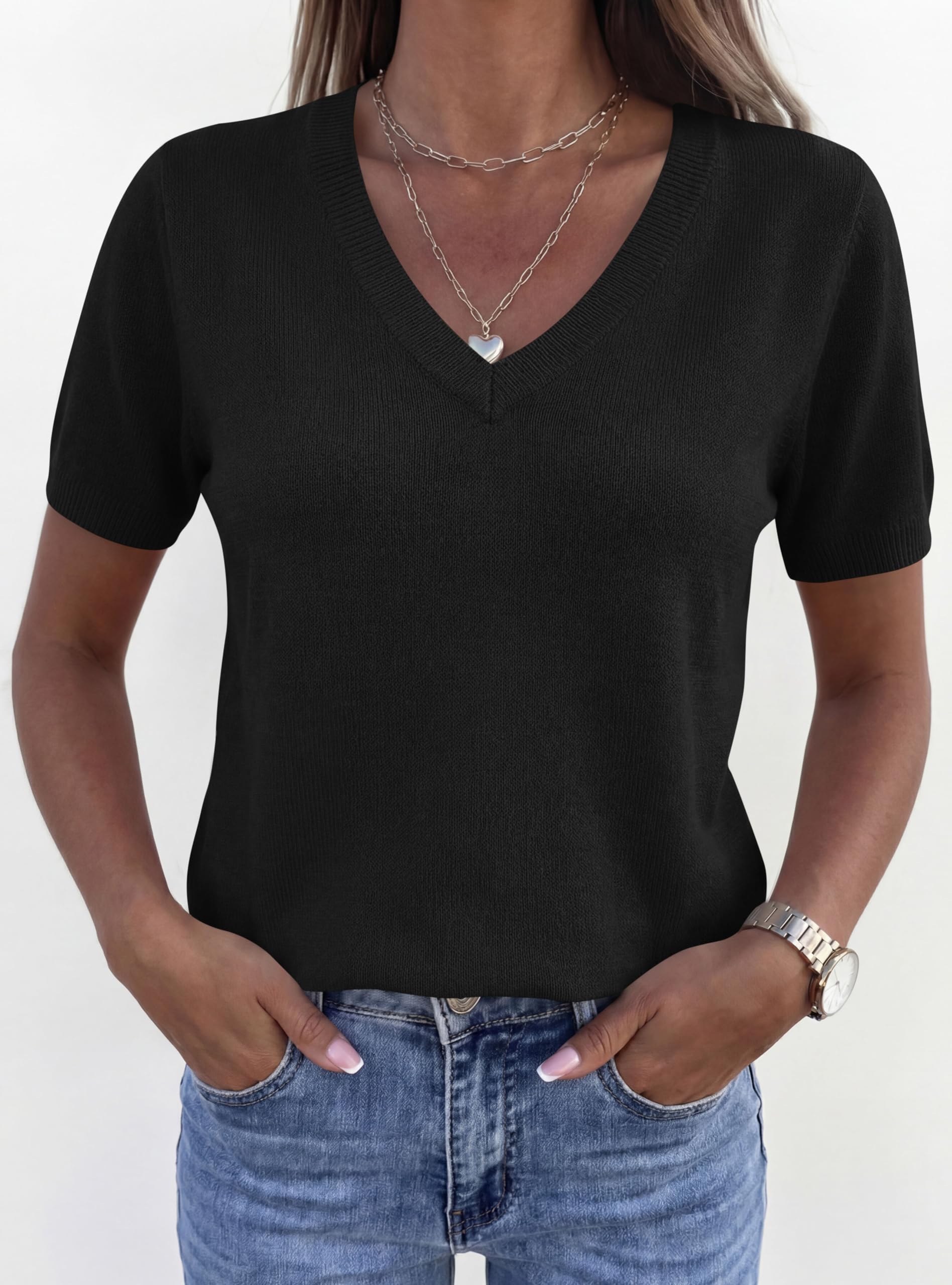 Womens Short Sleeve Sweater V Neck Tops,Black,S