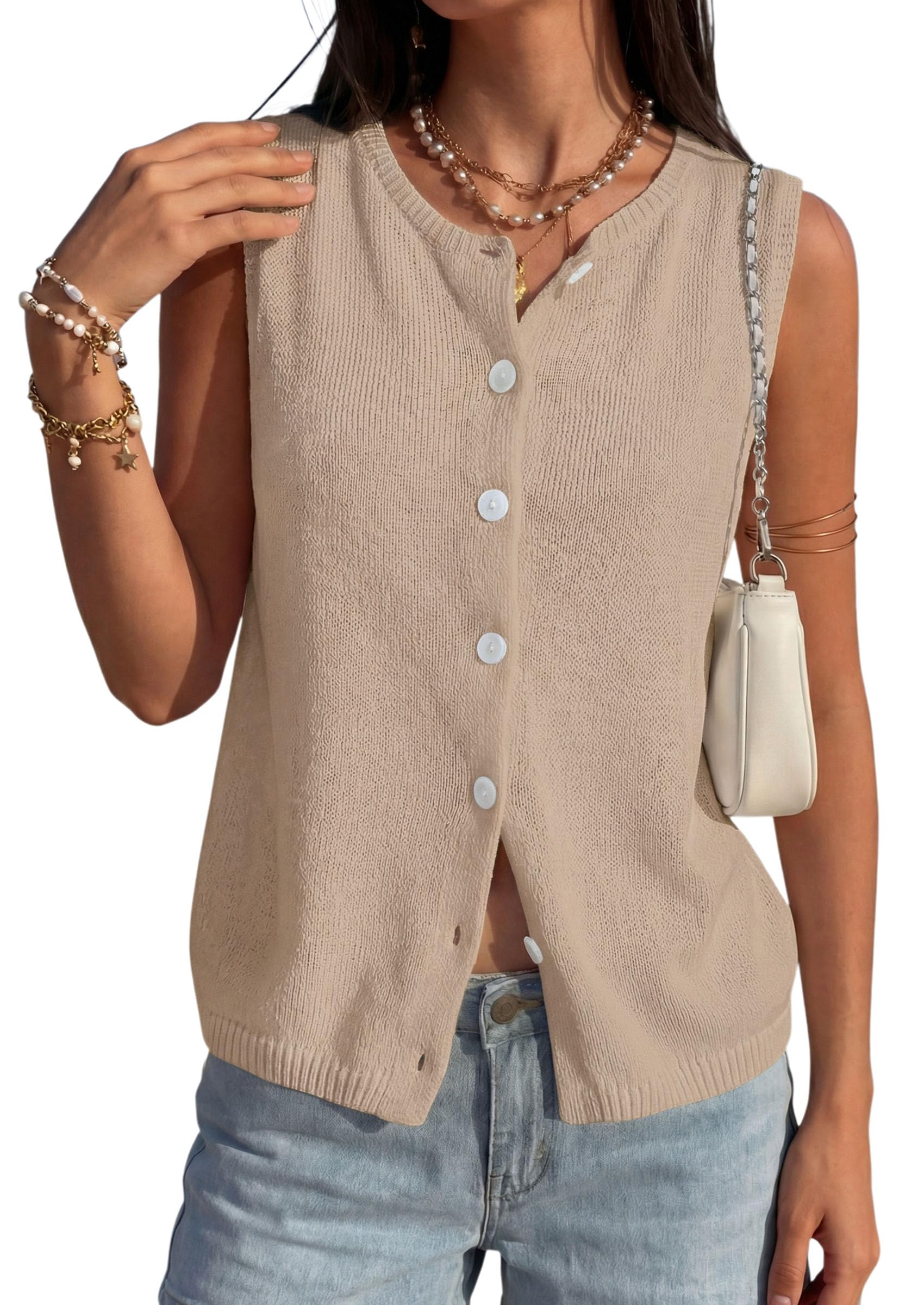 Women's Summer Button Up Sweater Vest Tops,Khaki,S