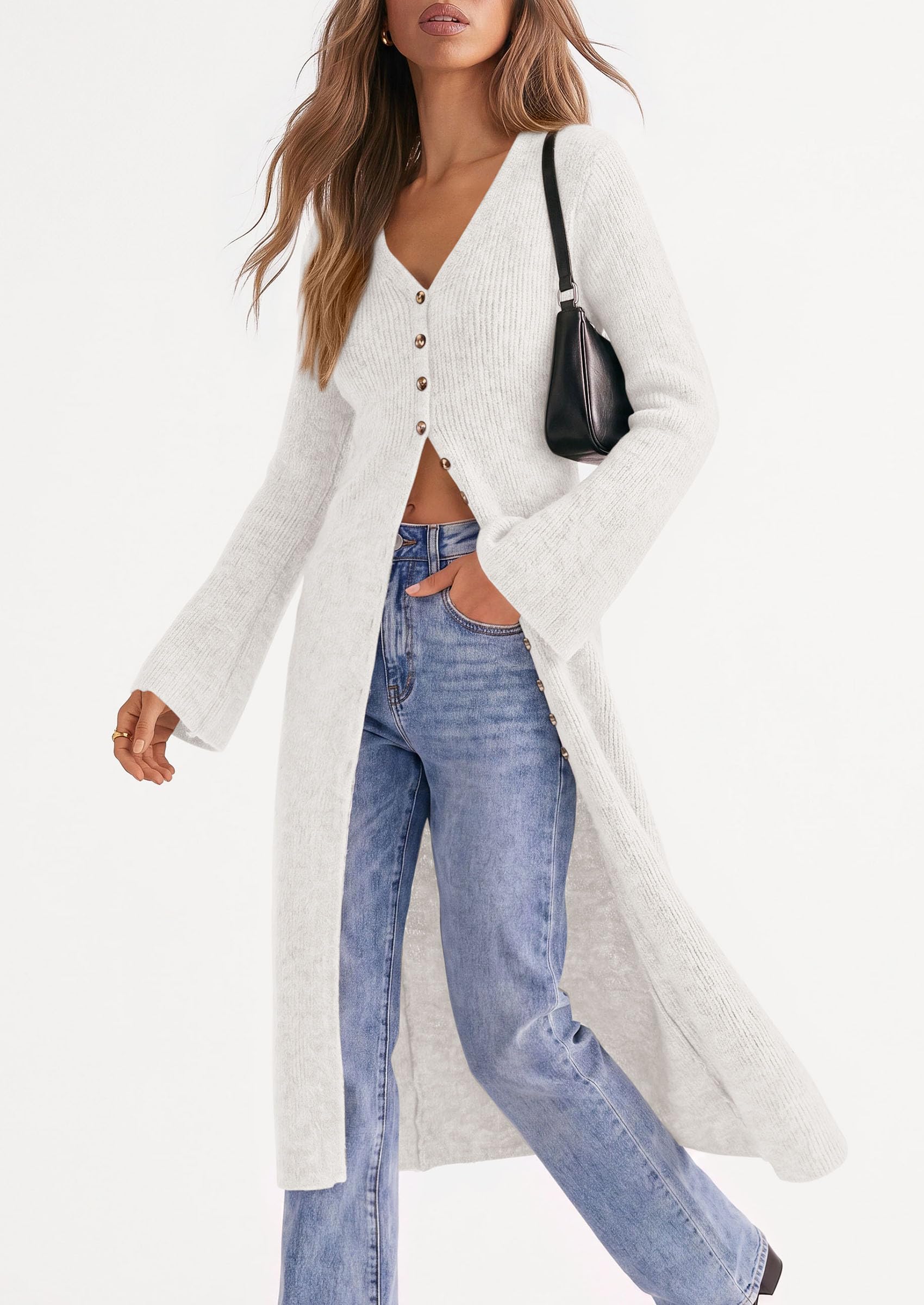Women Long Cardigan Bell Sleeve Sweater Dress (White,S)
