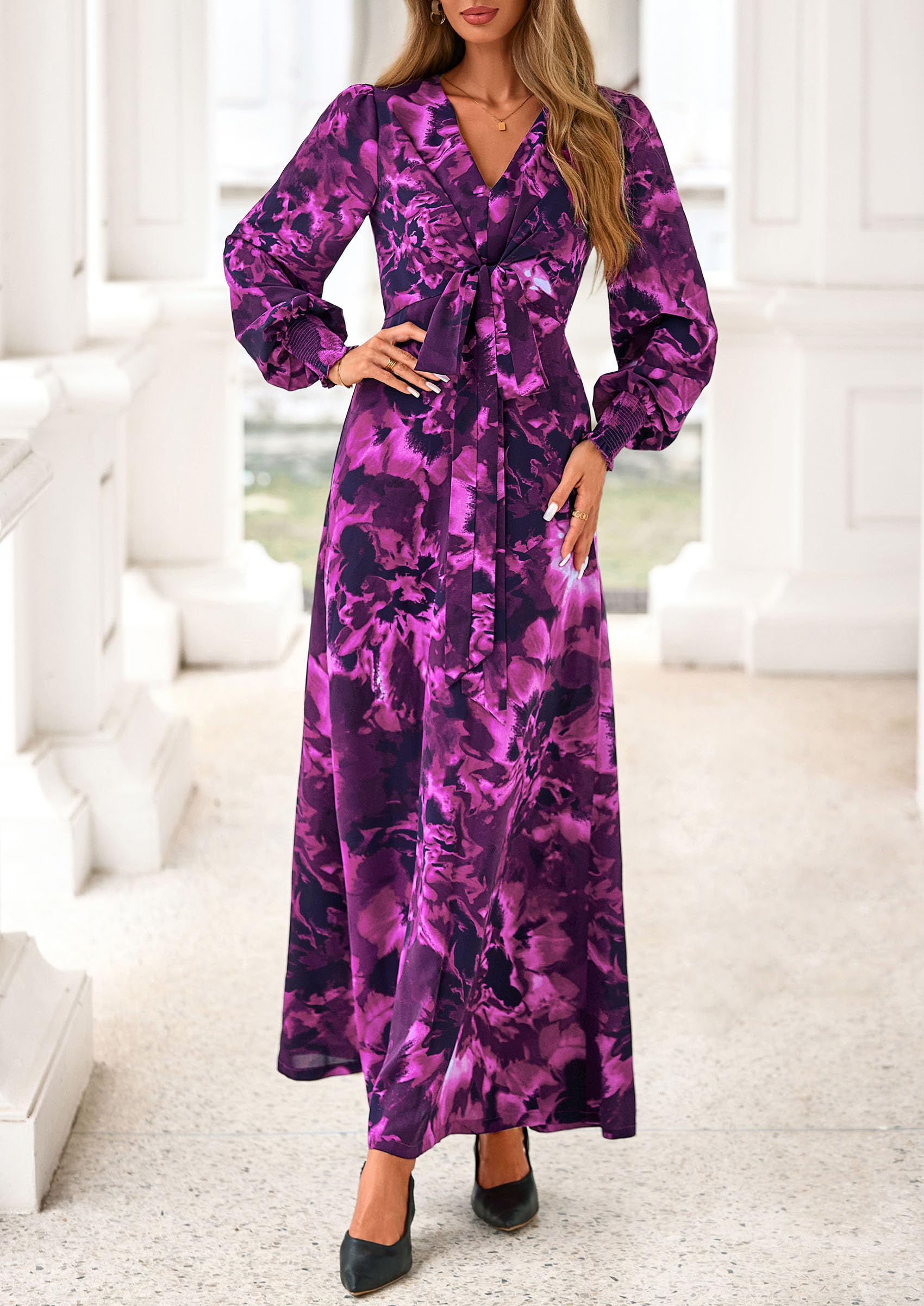 Women's Tie Waist Floral Maxi Dress,Floral Purple,S