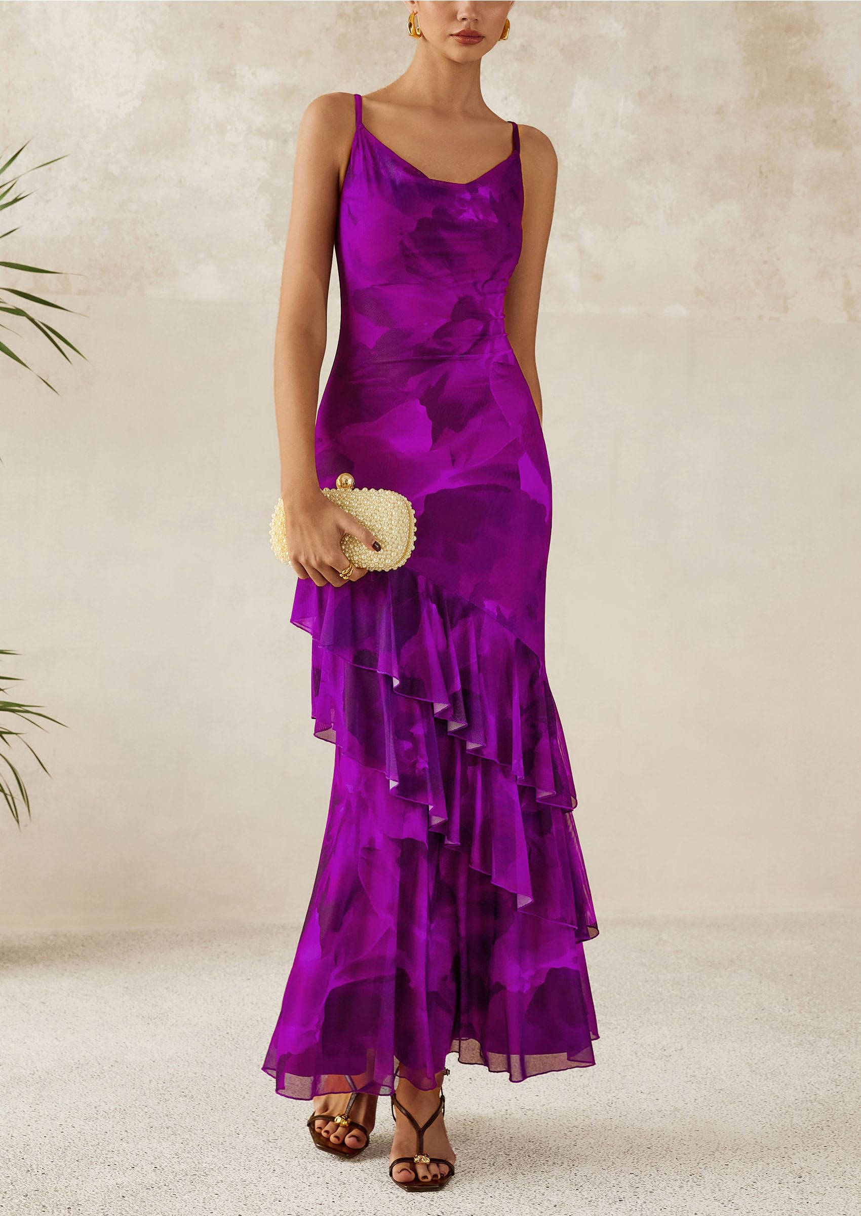 Women's Boho Floral Tiered Maxi Dress, Print Purple,XS