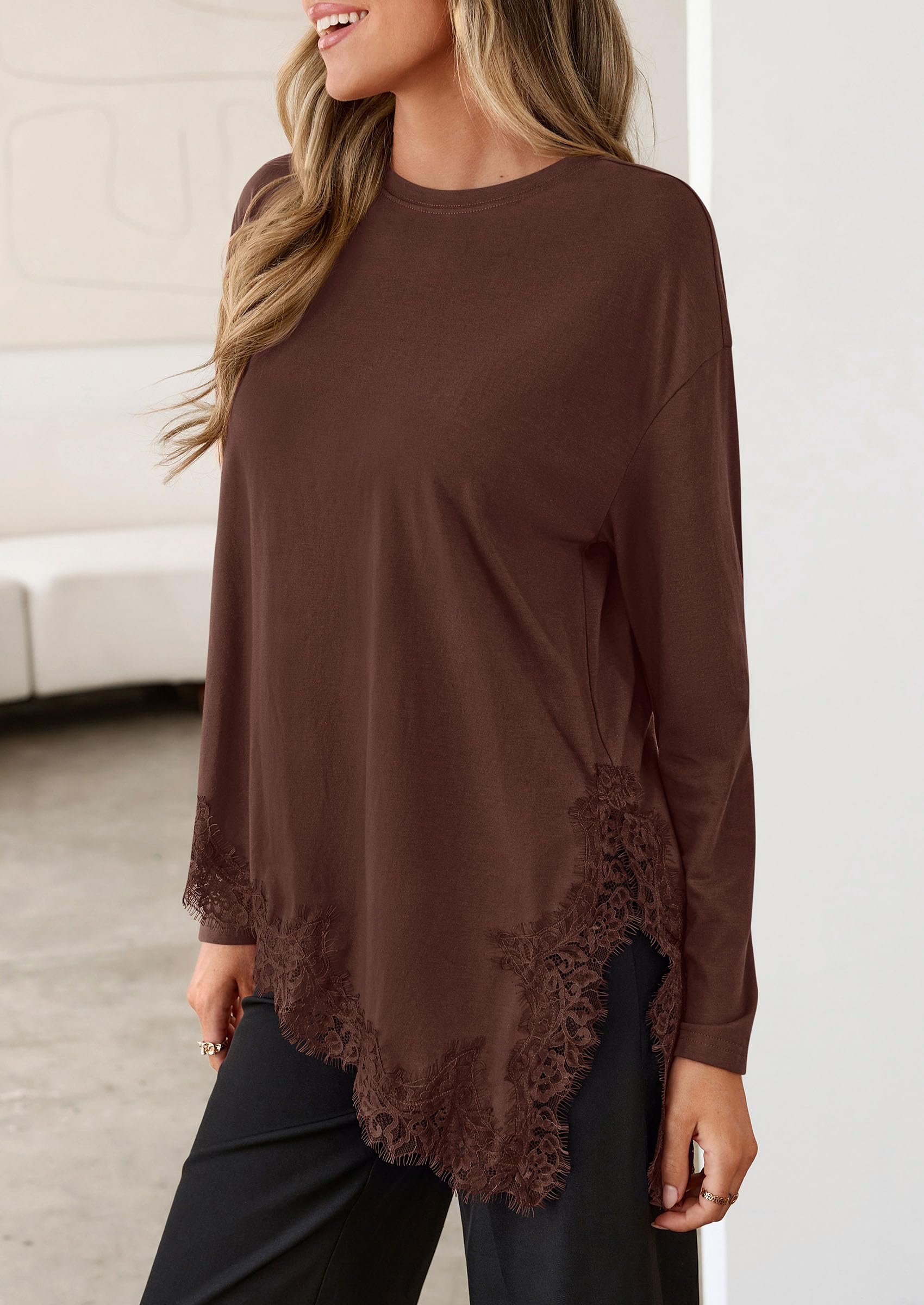 Women's Long Sleeve Asymmetrical Lace Tops Oversized Tshirts