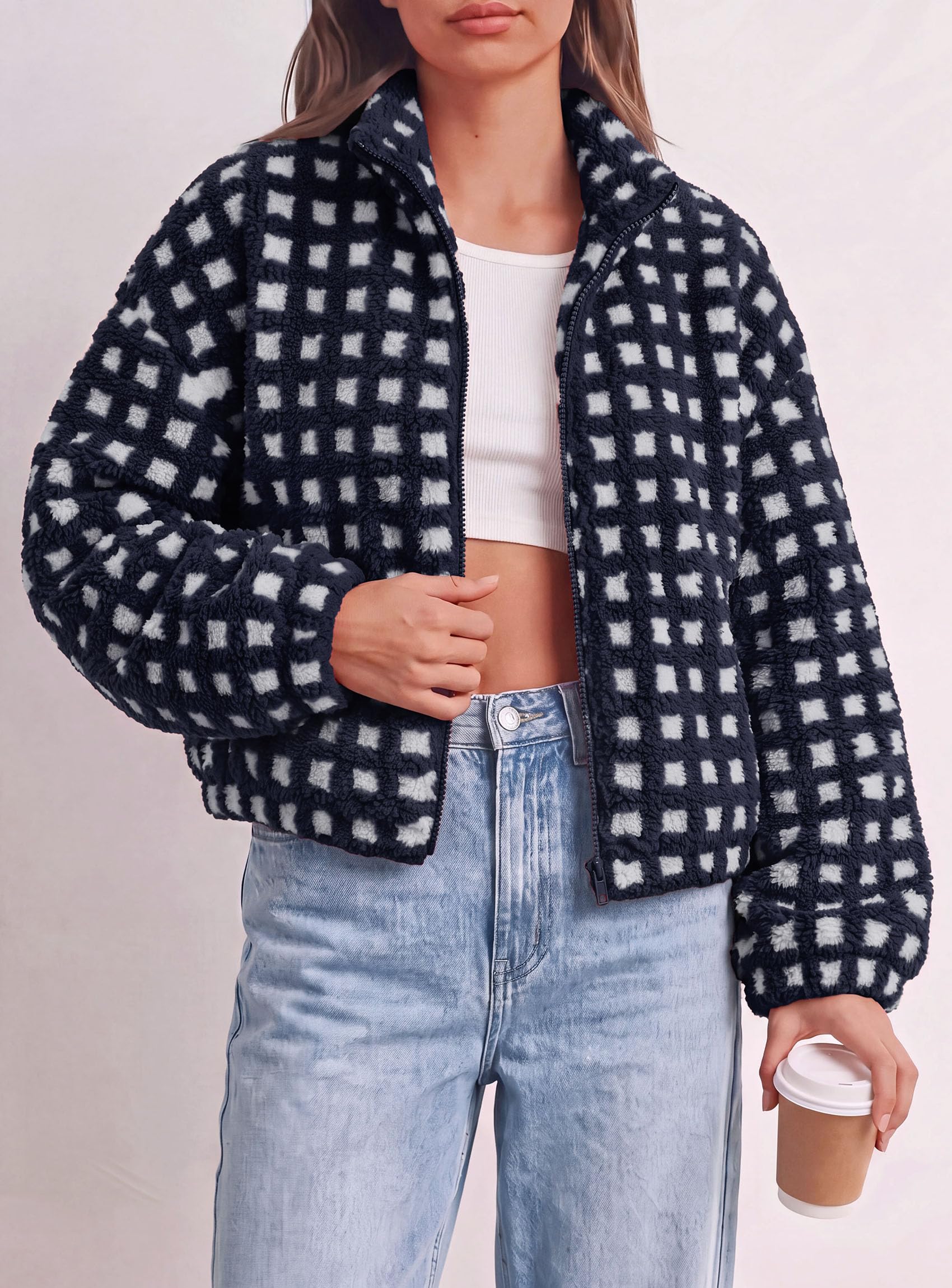 Women's Gingham Sherpa Fleece Jacket Plaid Cropped Teddy Coat