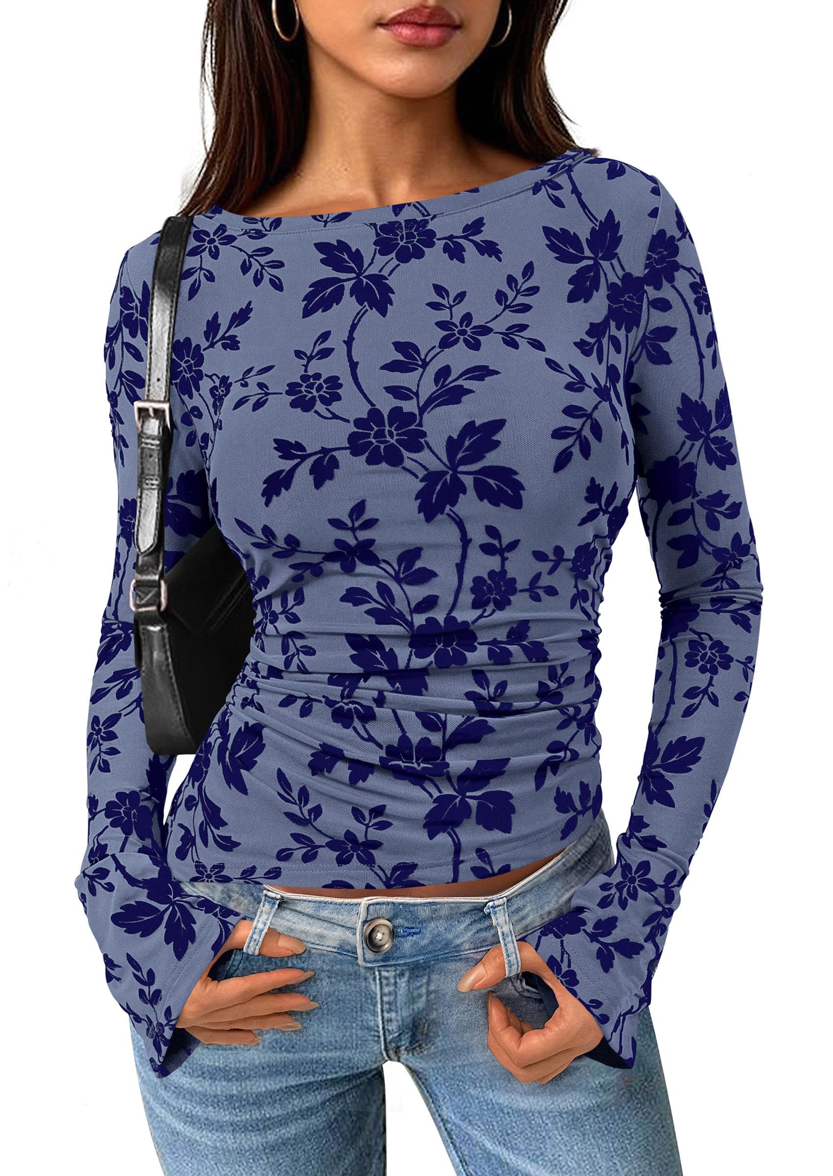 Women's Long Bell Sleeve Y2K Tops Boho Floral Mesh Blouses