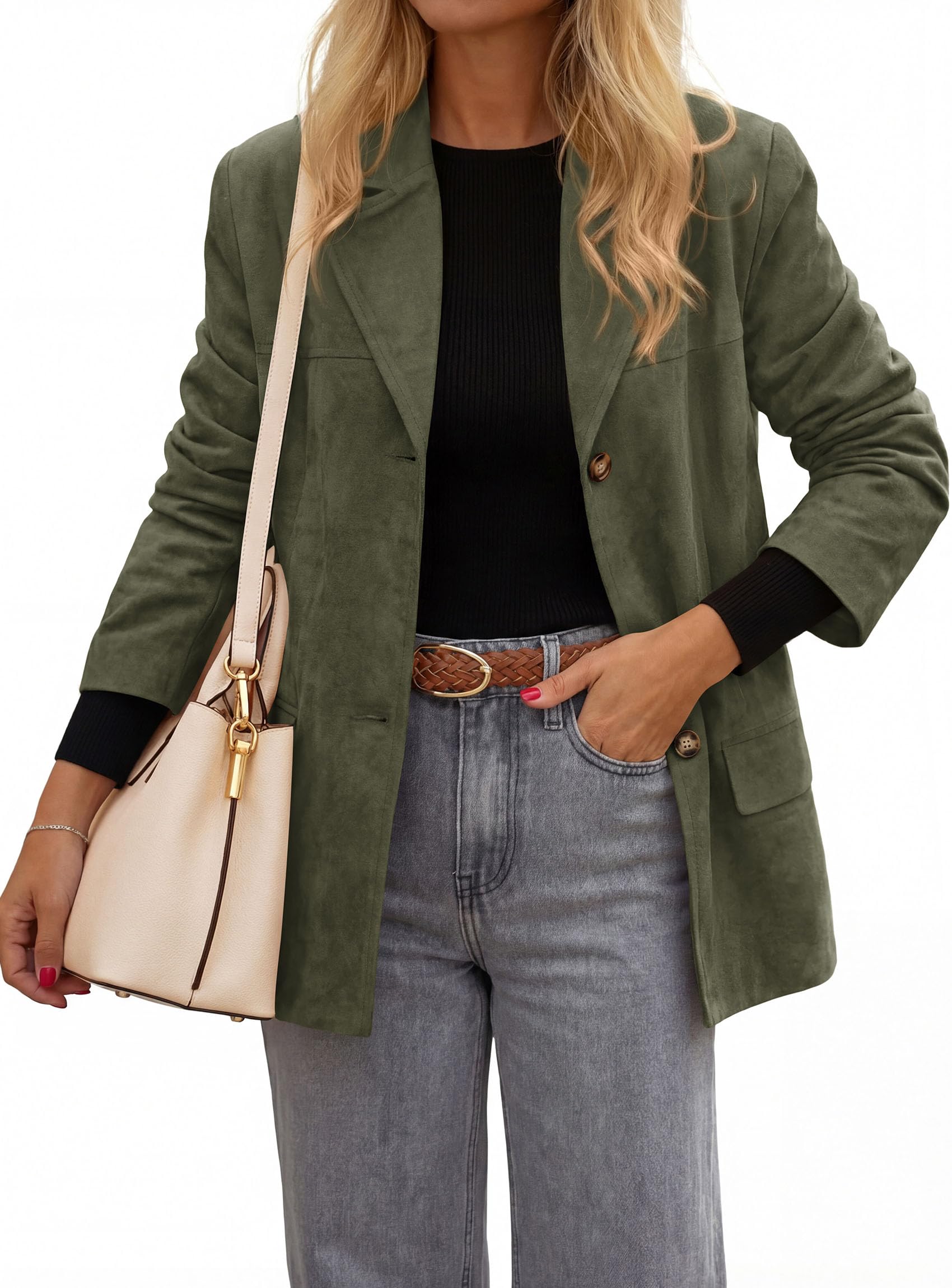 Blazers for Women Western Fall Faux Suede Jacket Army Green