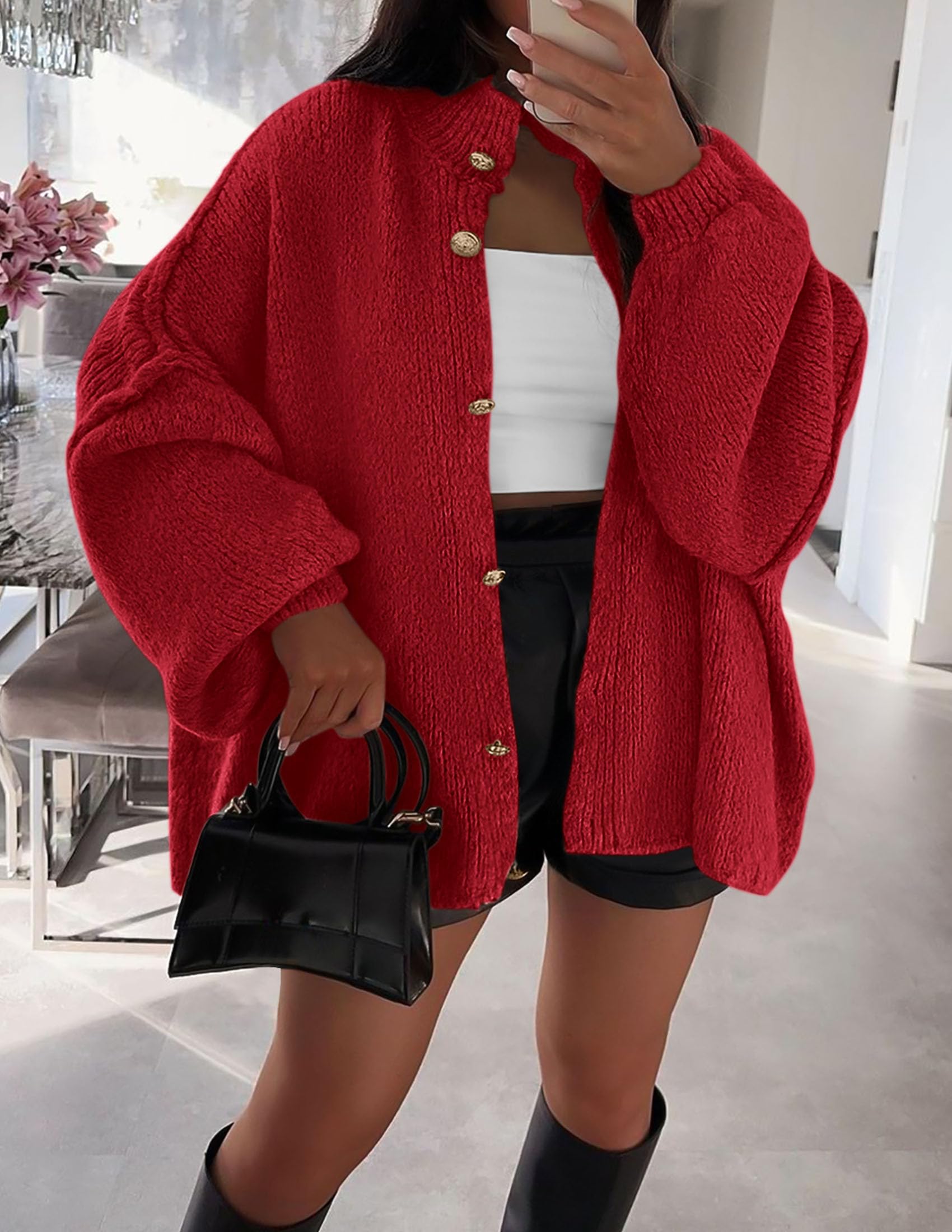 Women's Oversized Chunky Cardigan Sweaters(Jujube Red,Small)
