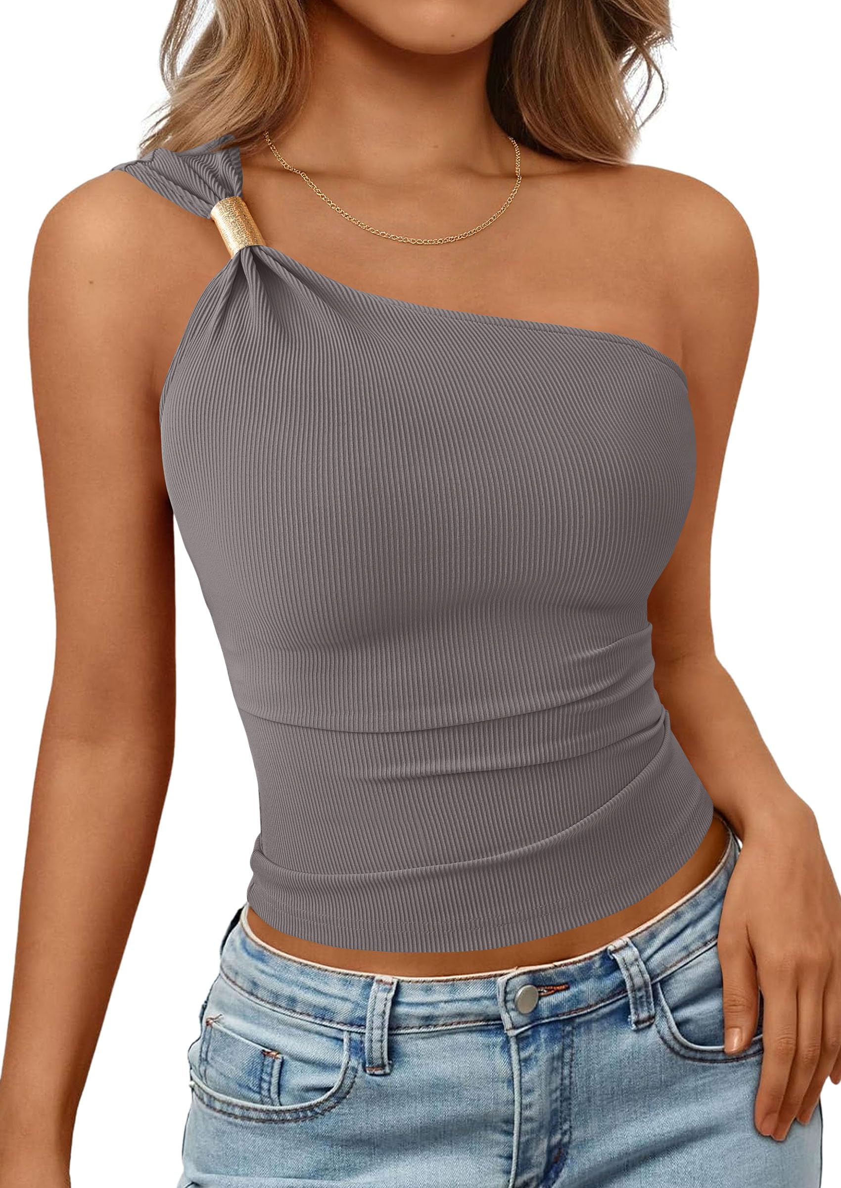 Women's Asymmetrical One Shoulder Y2K Tops, Grey,S