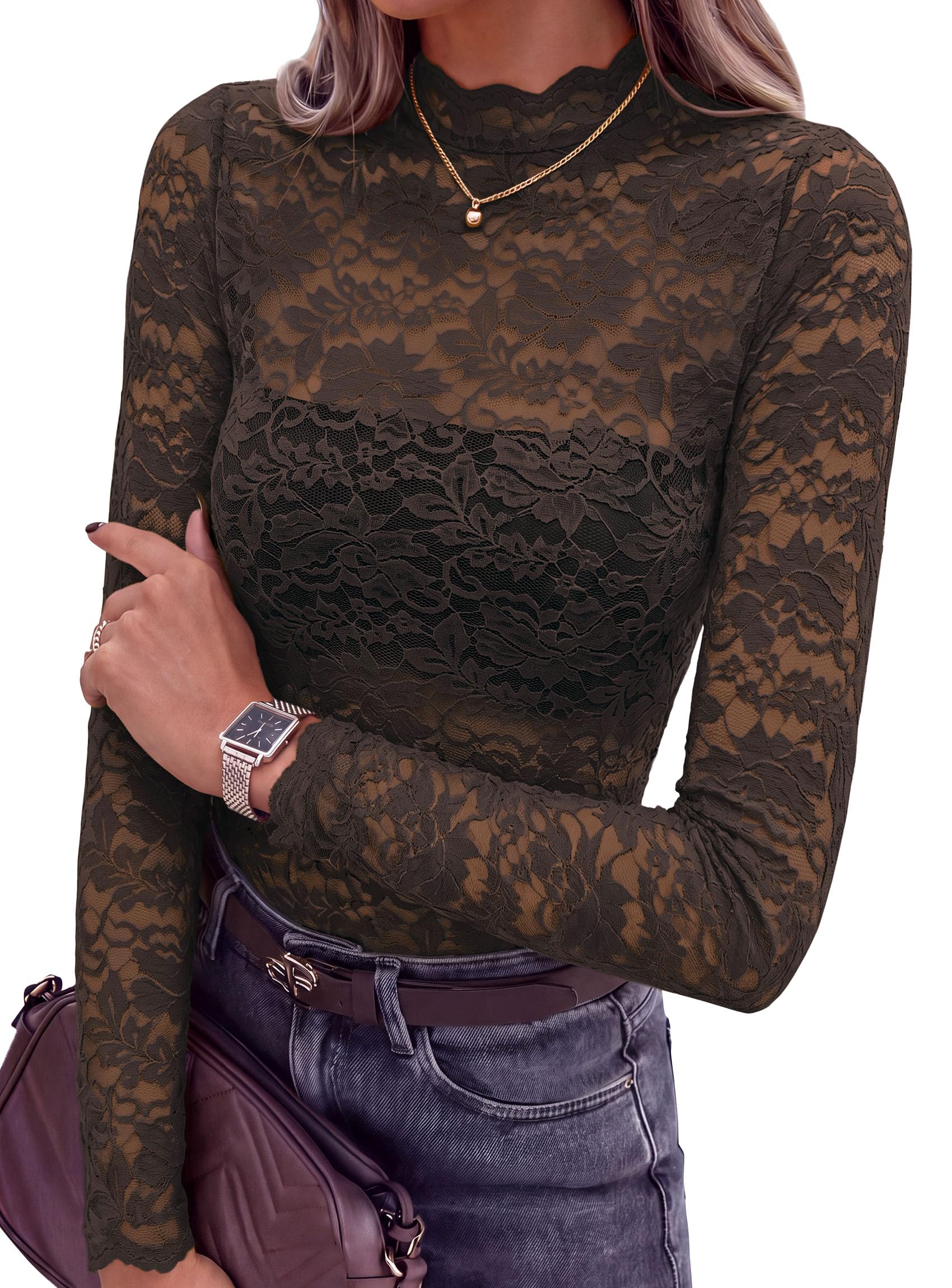 Womens Lace Long Sleeve Tops Sheer Mesh Blouse Coffee,S
