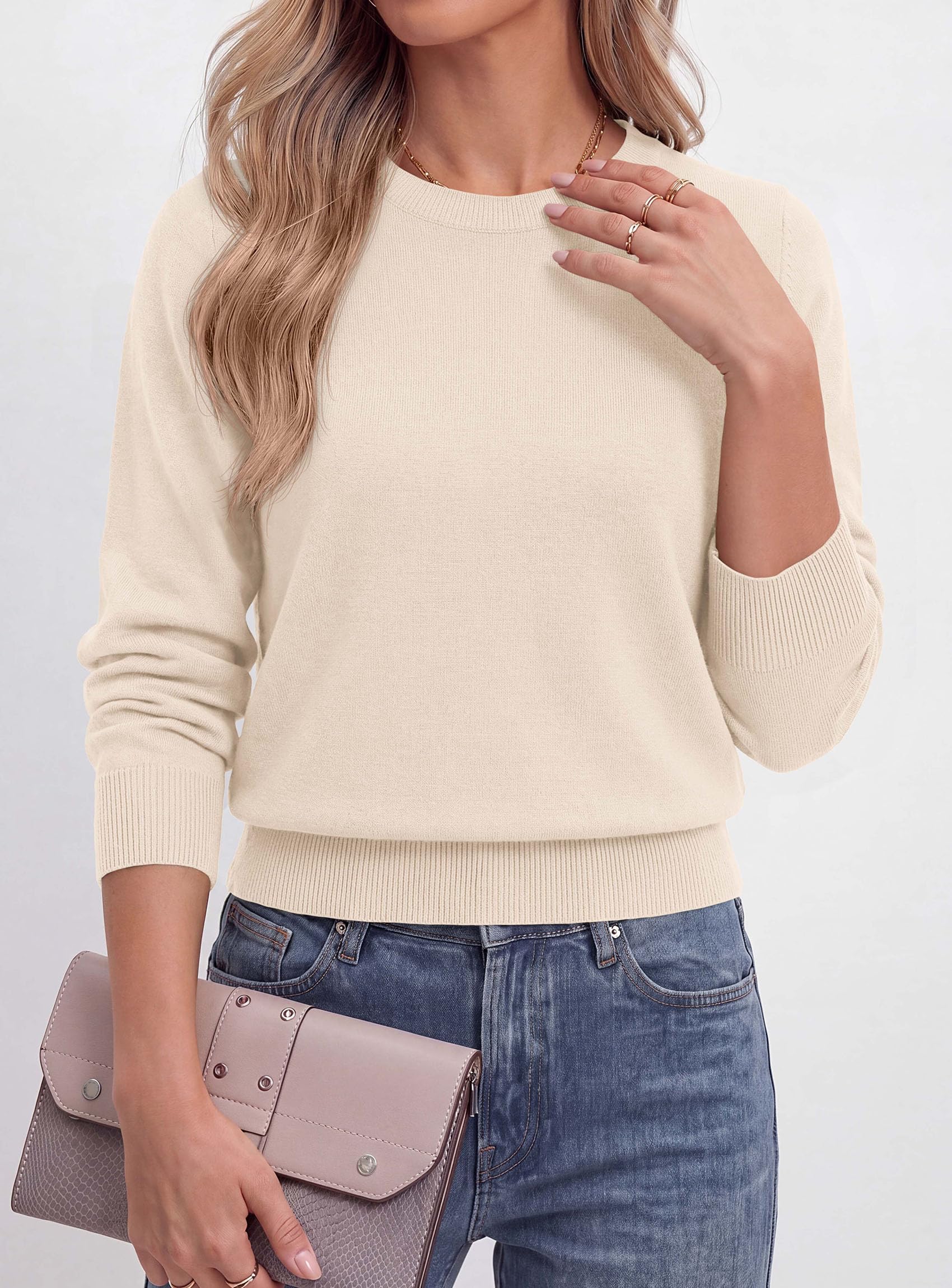 Women’s Long Sleeve Crew Neck Cropped Sweaters Beige,S
