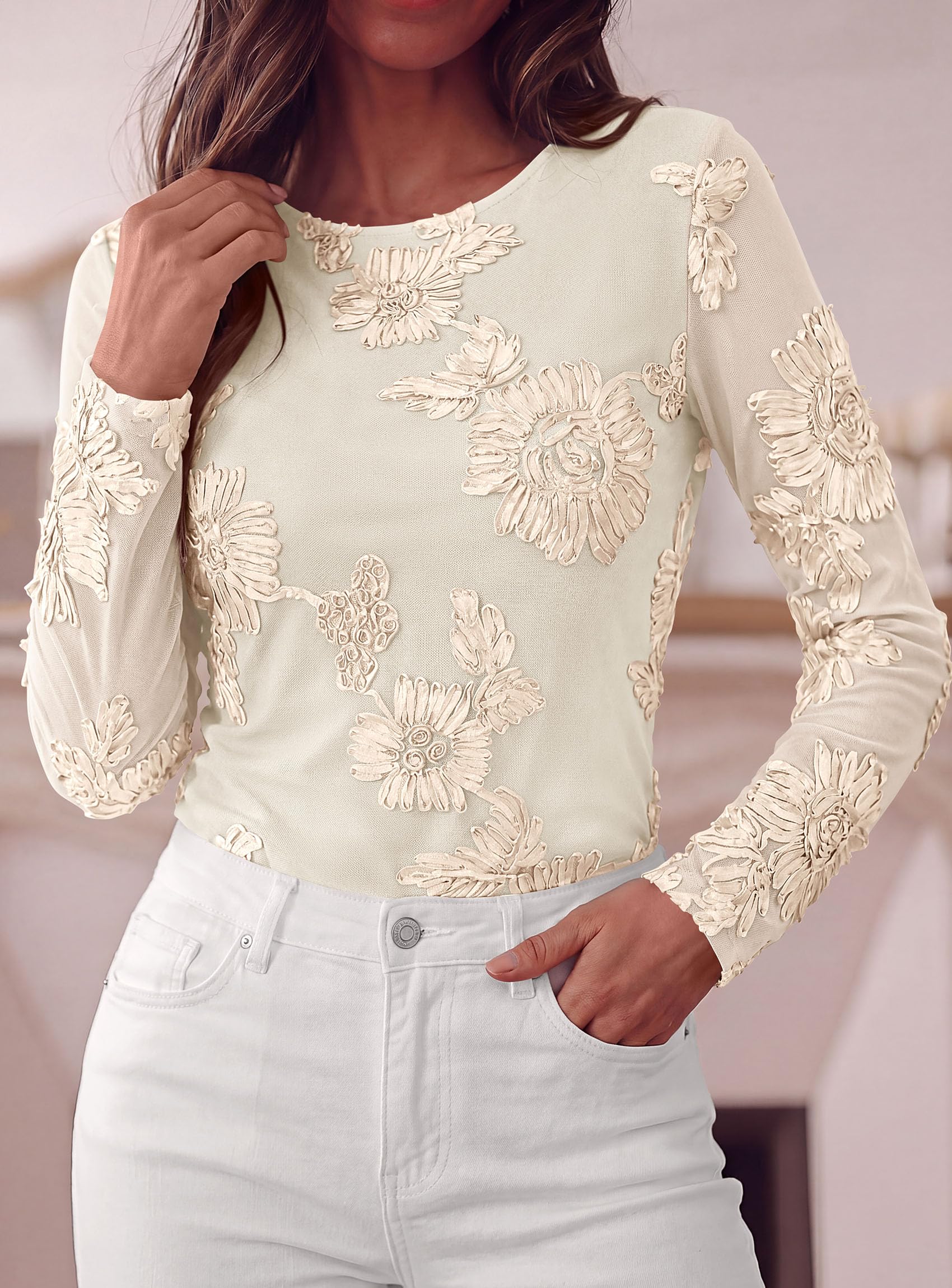 Women's Mesh Long Sleeve Embroidered Floral Tops Fall Blouses