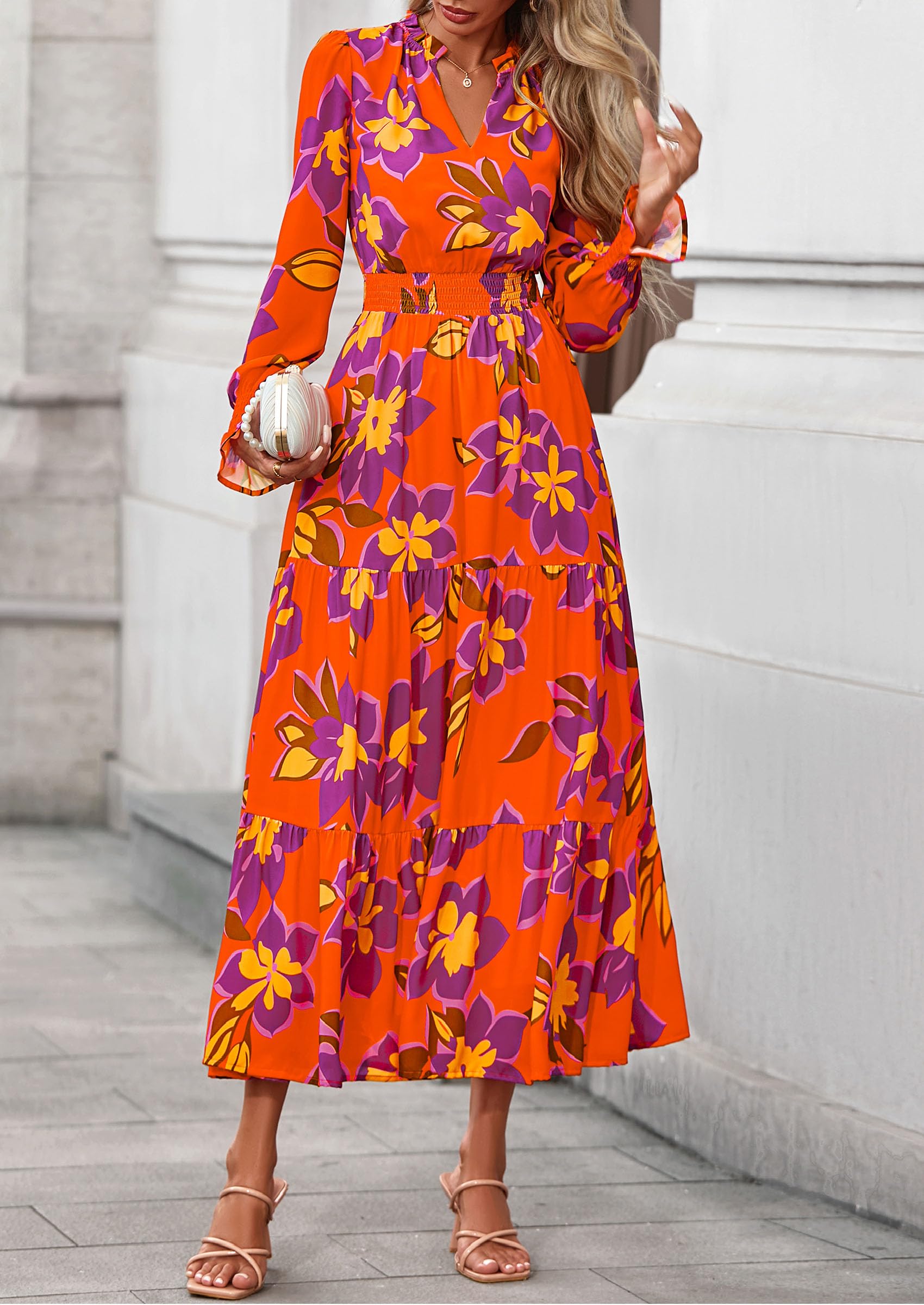 Women's Floral Maxi Dress Fall A Line Wedding Guest Dresses