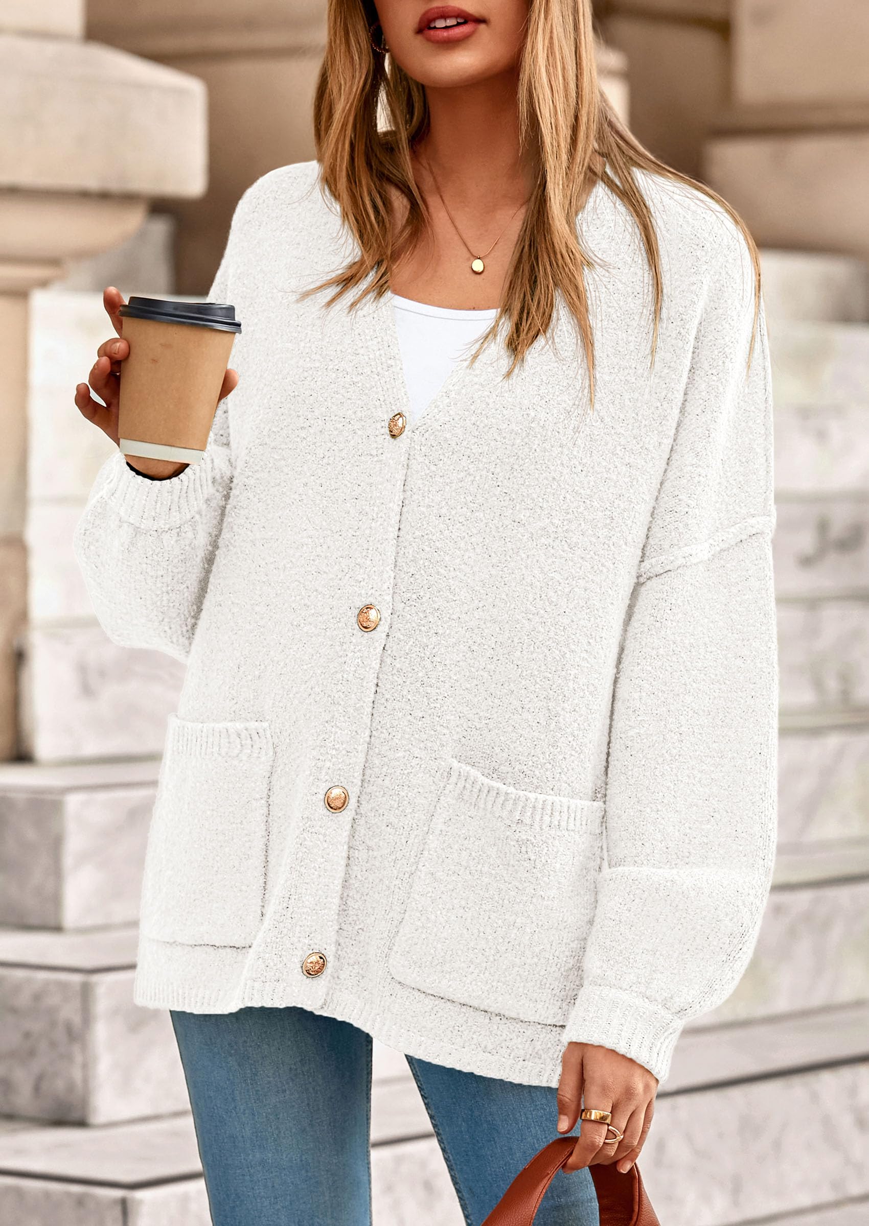 Oversized Chunky Cardigan Sweaters for Women White,S