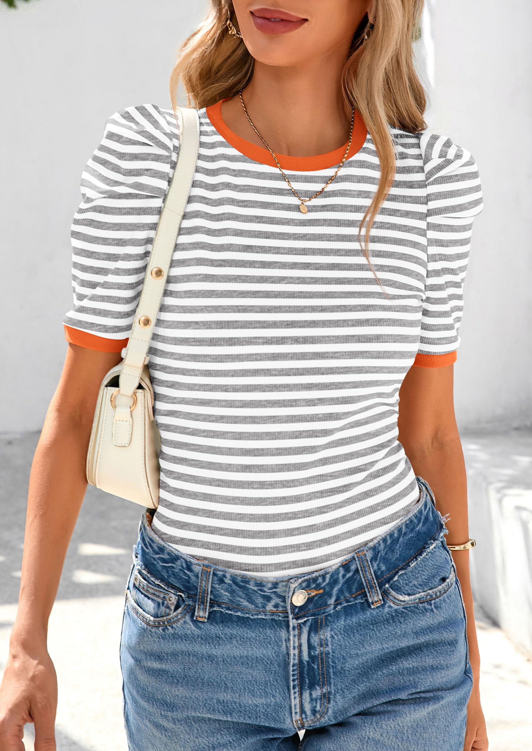 Ribbed Puff Short Sleeve Tops for Women Striped Shirt Grey,XS