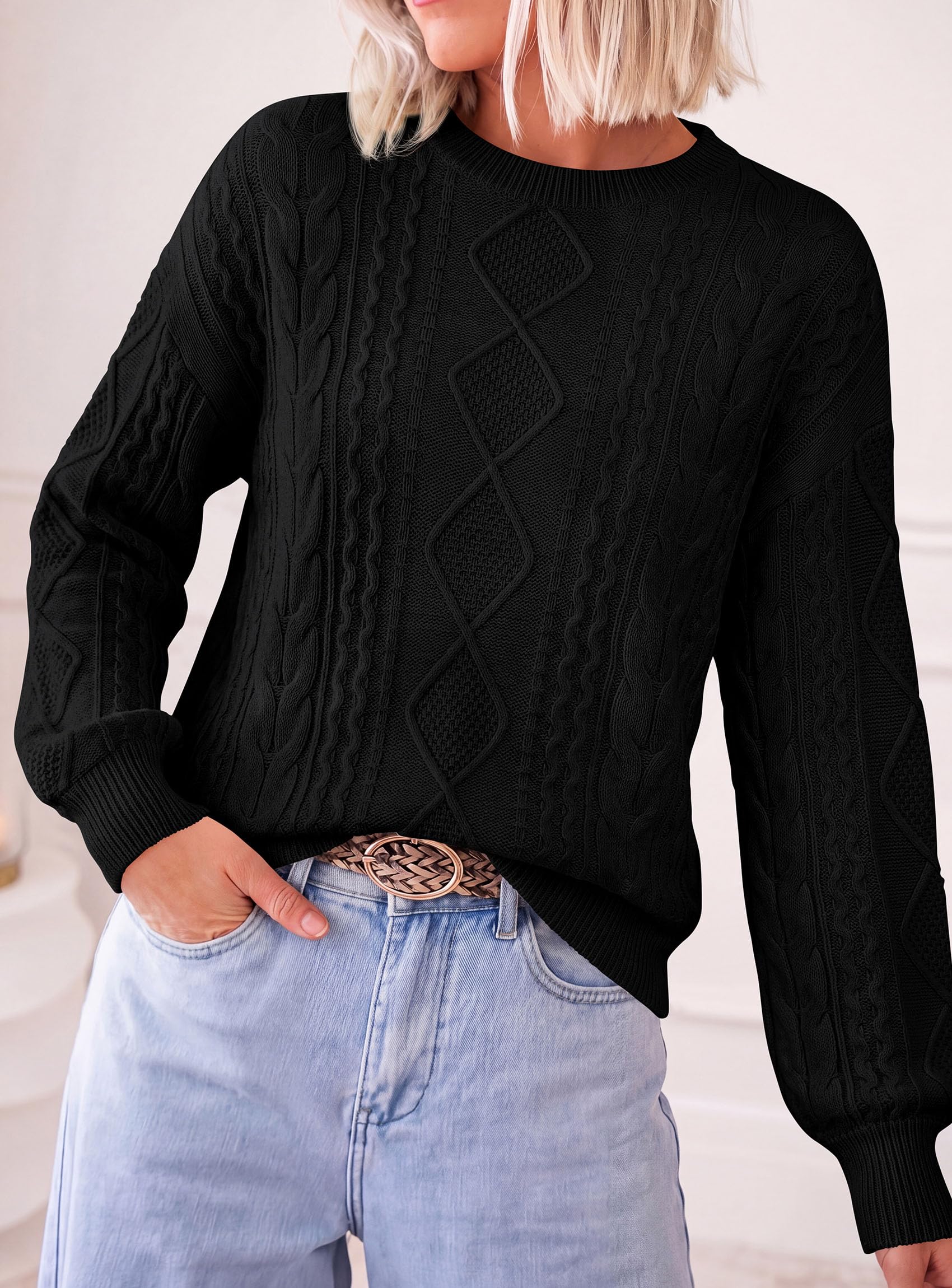 Women's Crewneck Cable Knit Sweater Pullover Tops Black