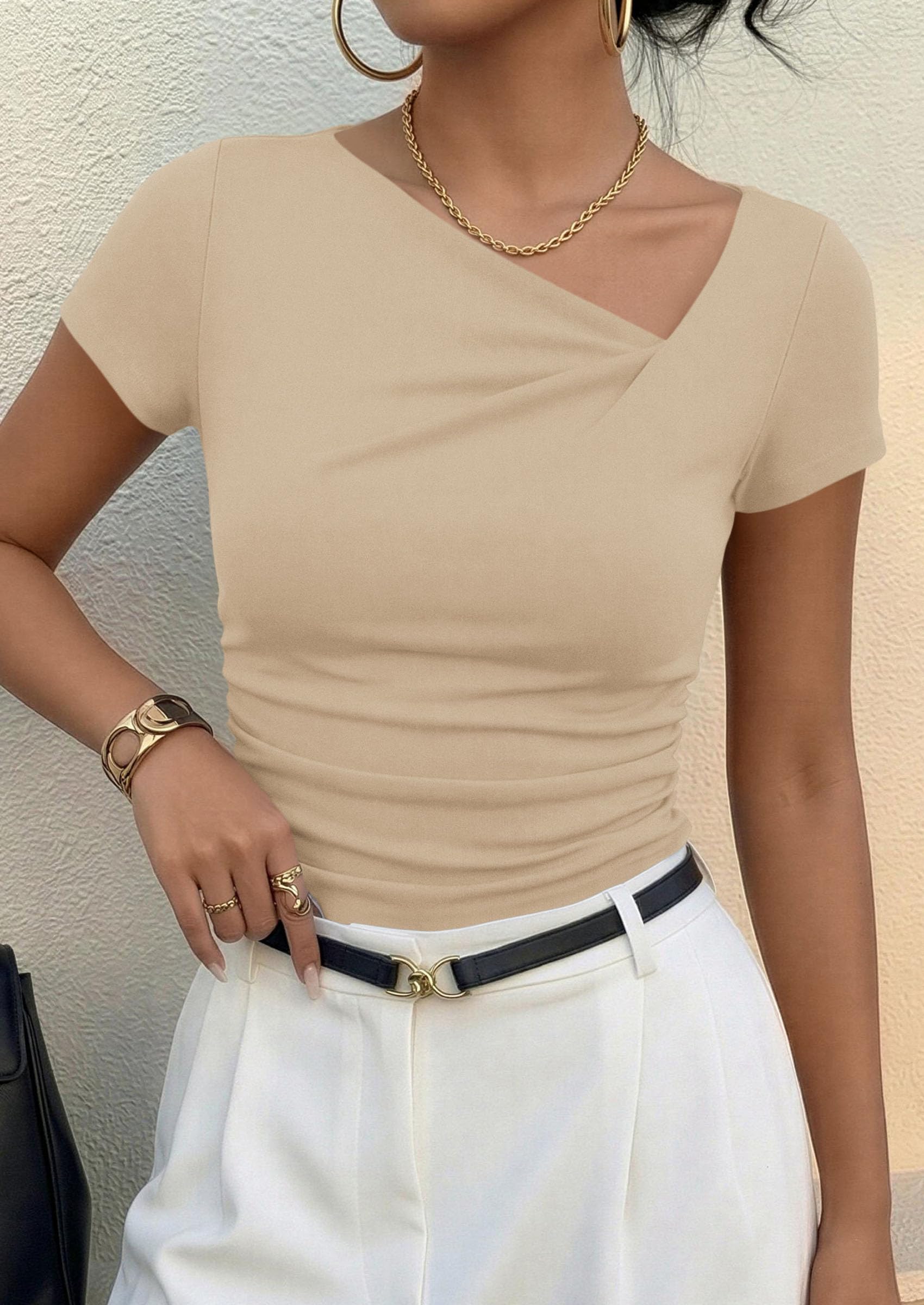 Women's Summer Trendy Asymmetrical Y2K Tops (Beige,S)