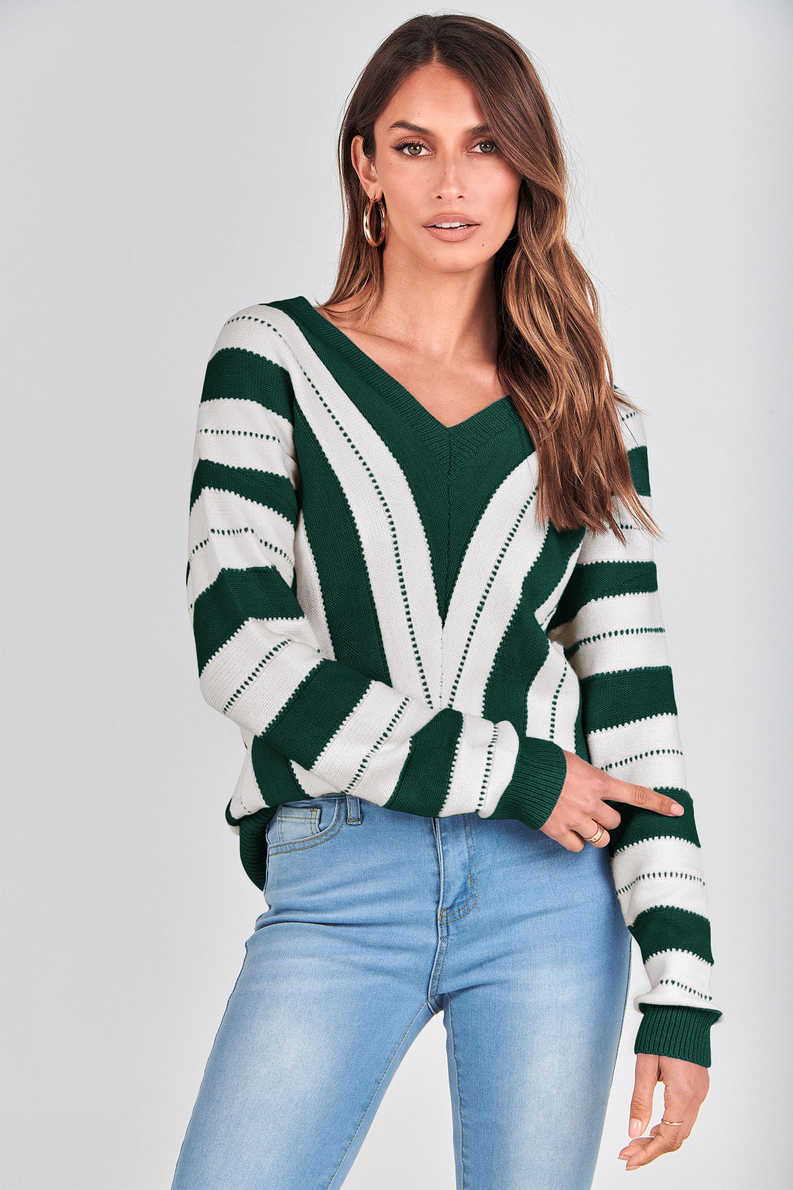 Women's V Neck Striped Knit Pullover Sweater