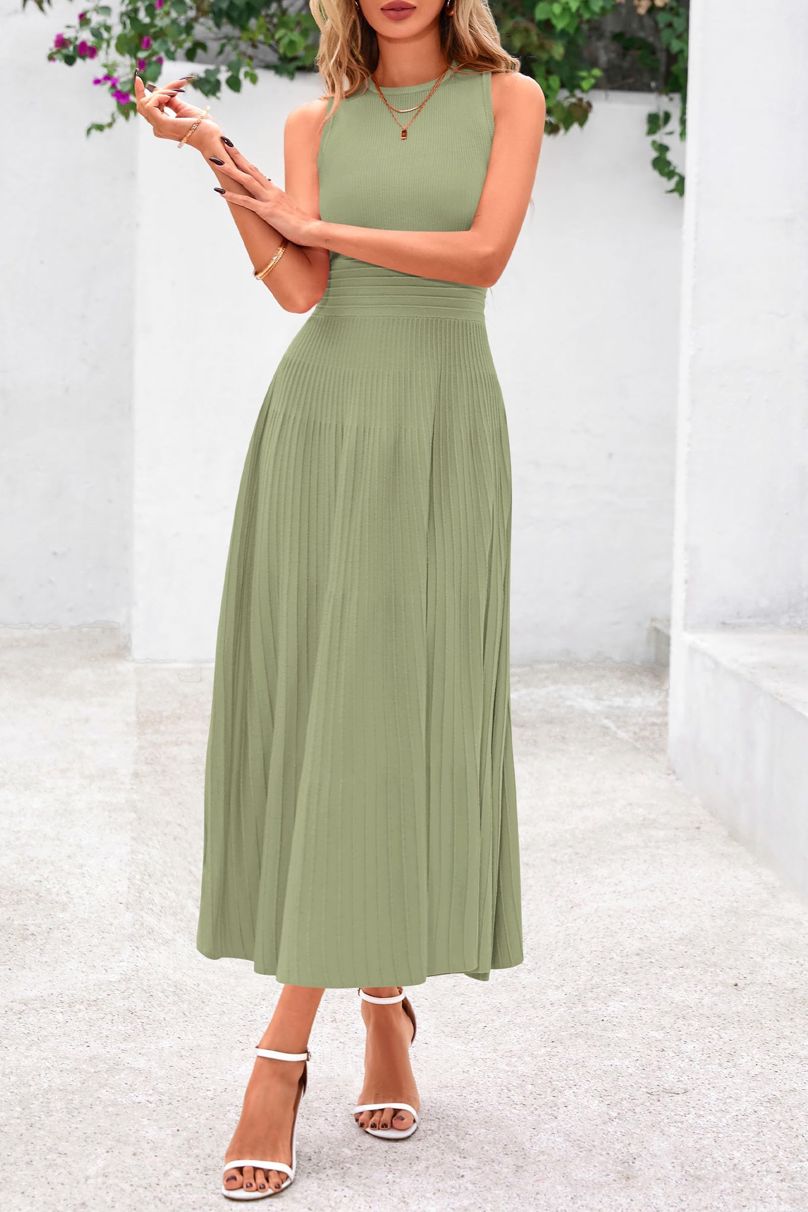 Women's Summer Pleated Midi Work Dress,Mist Green,S