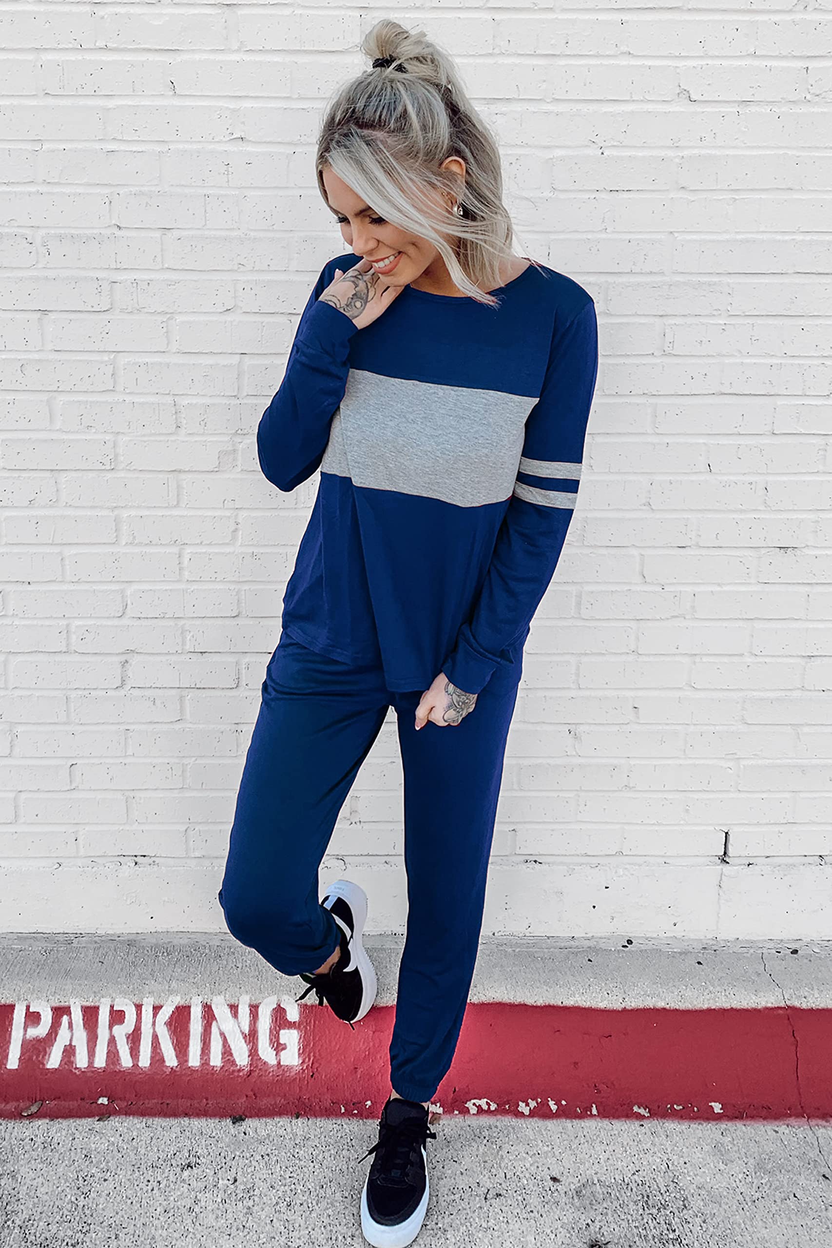 Women Color Block 2 Piece Sets Tracksuit,Bright Blue,S