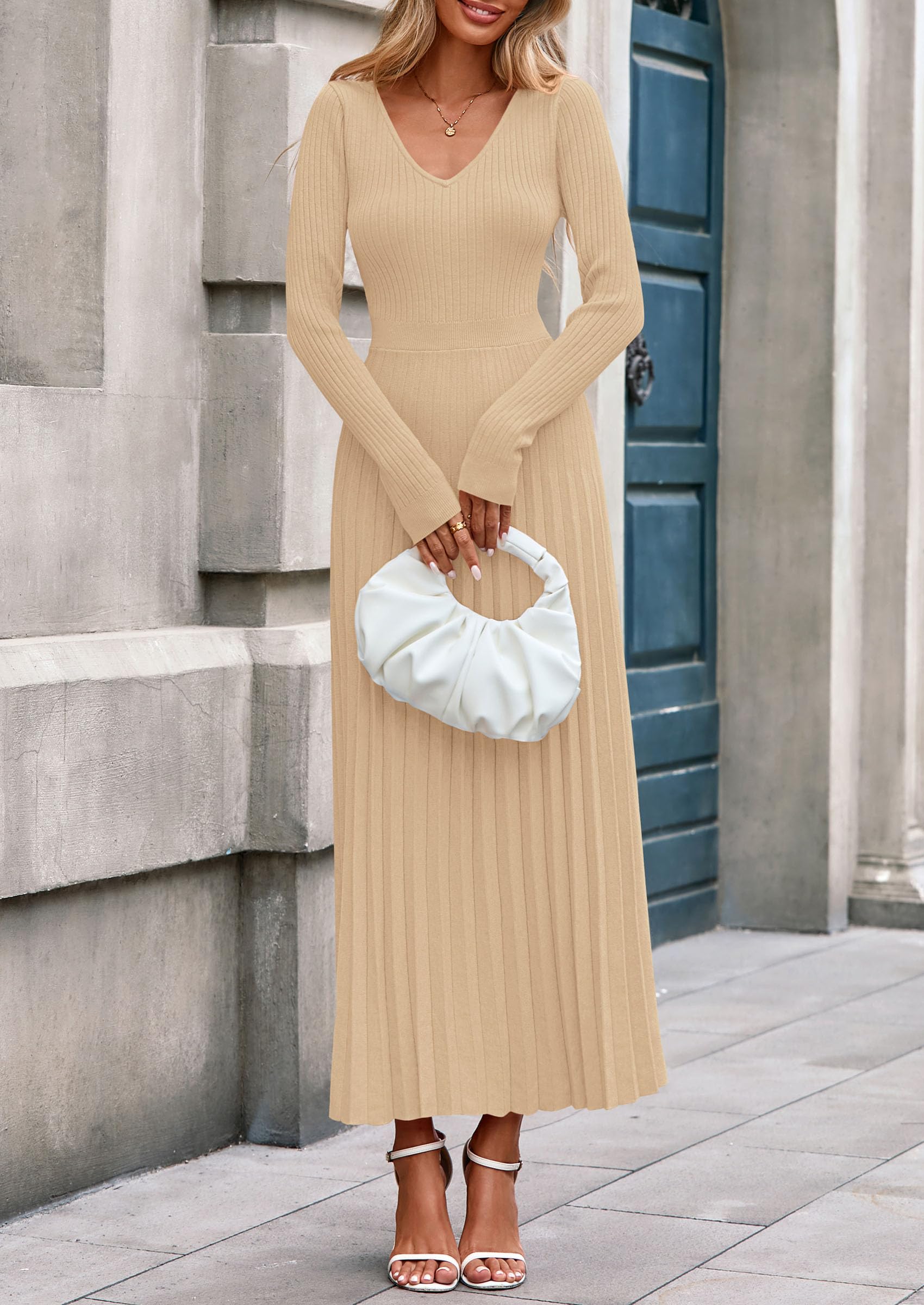 Sweater Dress Women Long Sleeve Maxi Flowy Pleated Dresses
