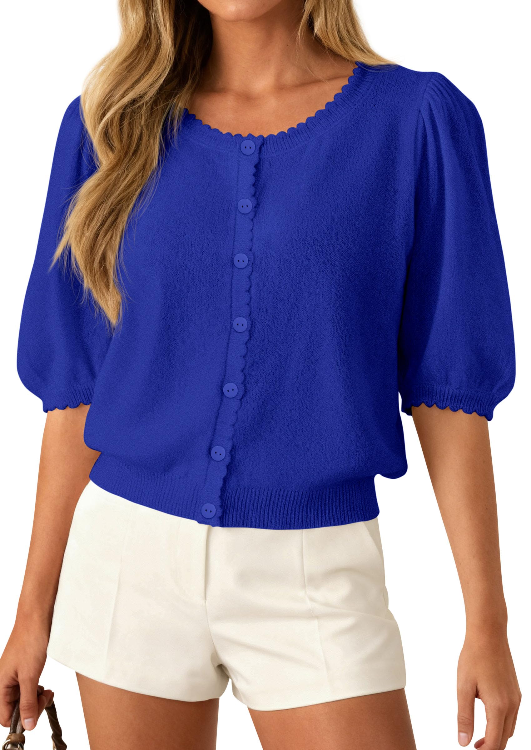 Women Short Sleeve Lightweight Knit Cardigans, Royal Blue,S