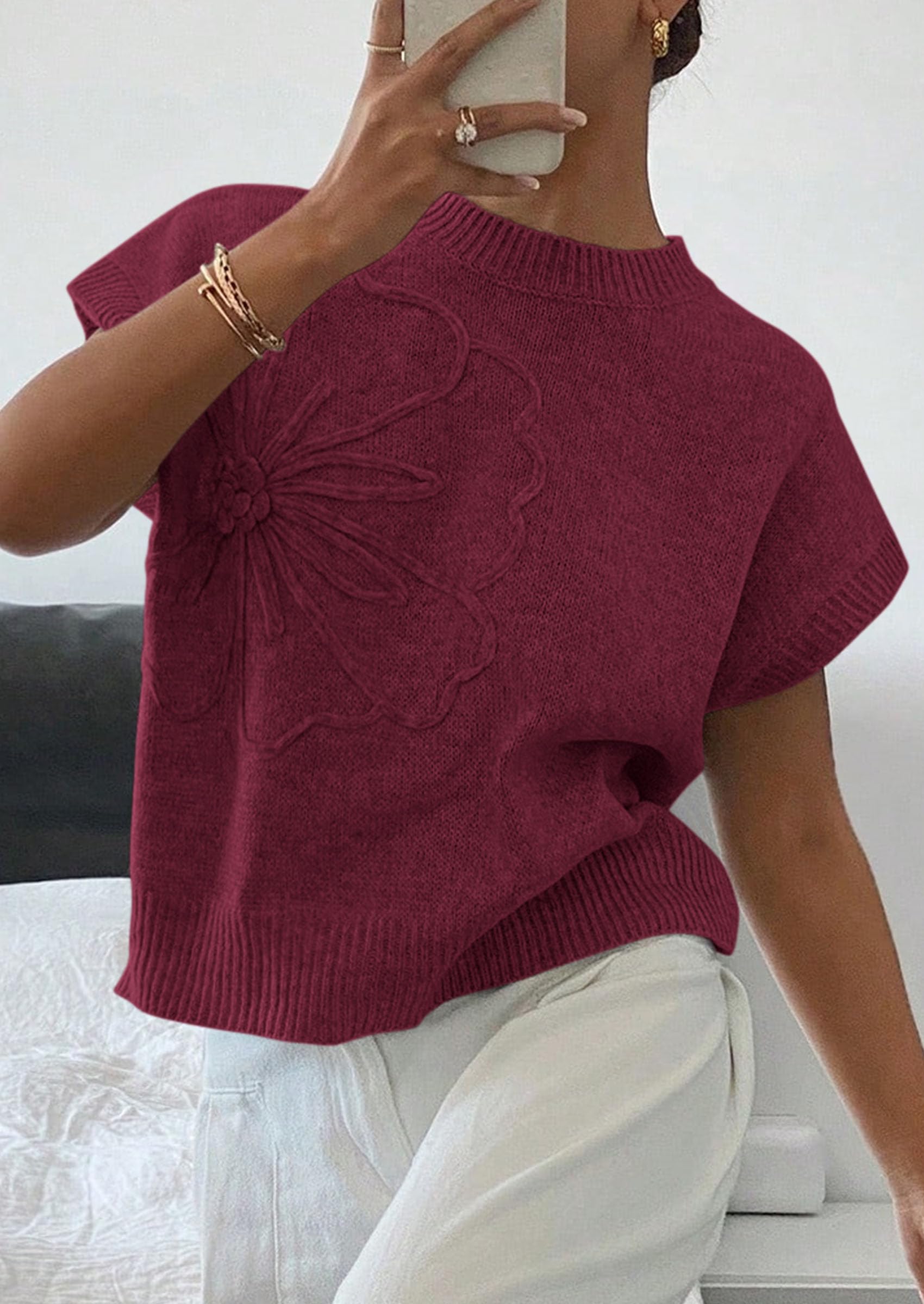 Women's Summer Short Cap Sleeve Sweater Vest (Burgundy,S)