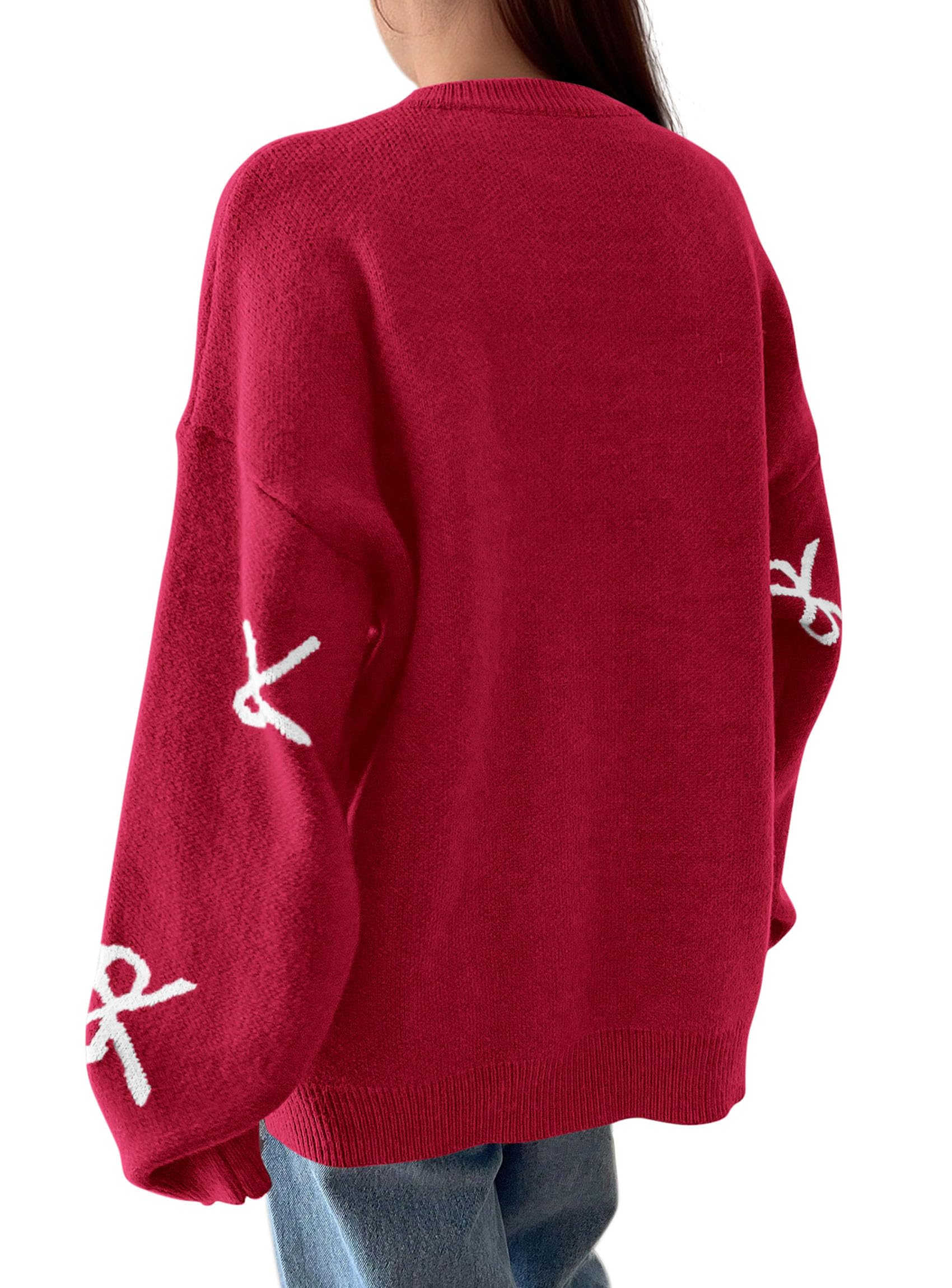 Fall Long Sleeve Pullover Sweaters for Women 2026 Trendy Crewneck Casual Cute Bow Chunky Knit Oversized Sweater (Red,Small)