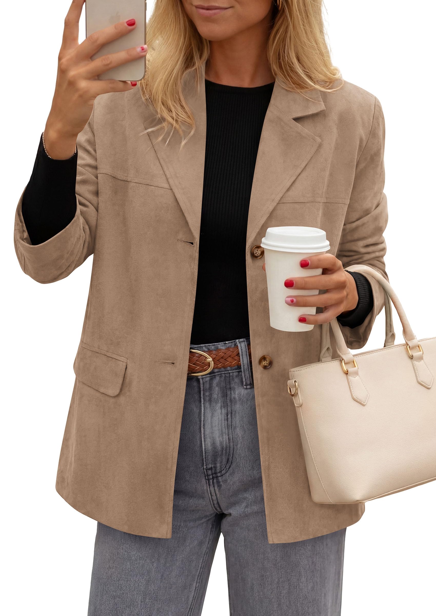 Blazers for Women Western Fall Faux Suede Jacket Khaki