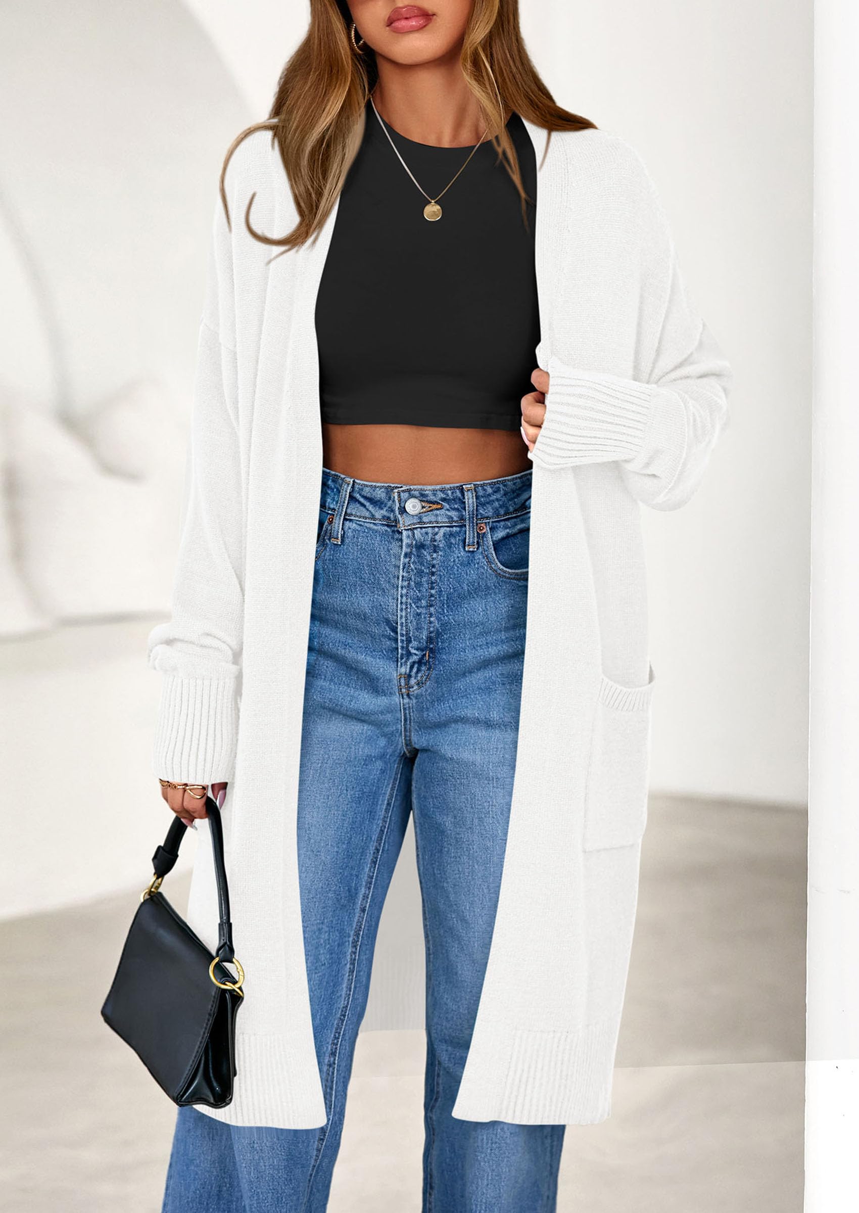 Women's Oversized Open Front Long Knit Cardigan,White,S
