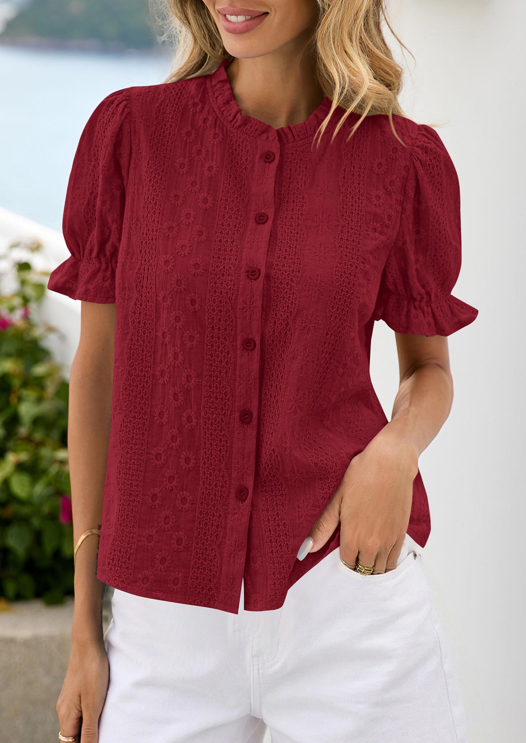 Womens Embroidered Puff Short Sleeve Tops,Wine Red,S