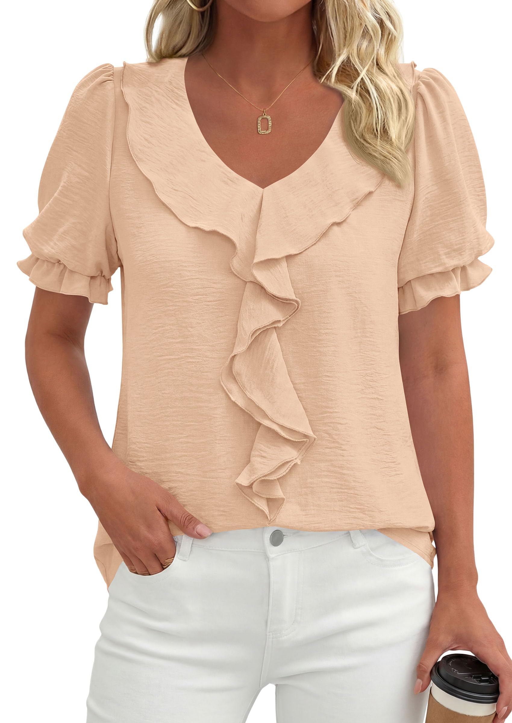 Women's Summer Ruffle Dressy Casual Blouses (Light Khaki,S)