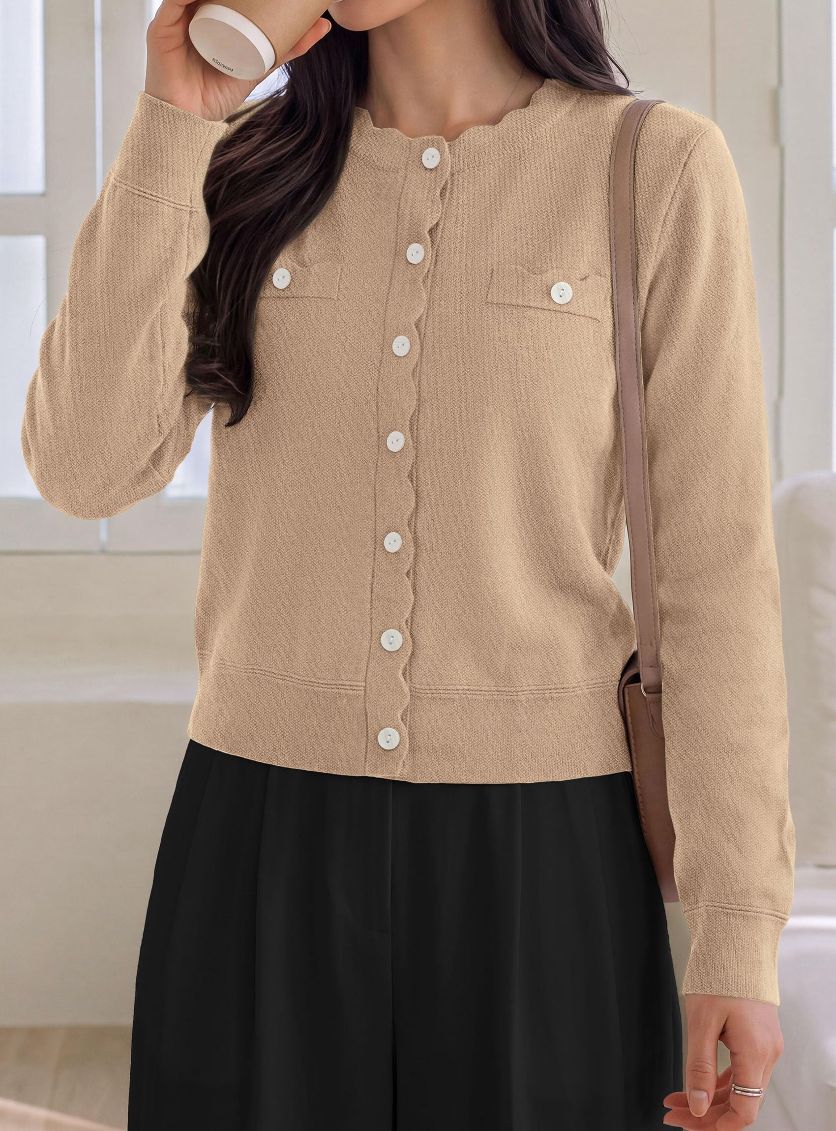 Womens Lightweight Cardigan Sweaters Scalloped Trim Fall Tops