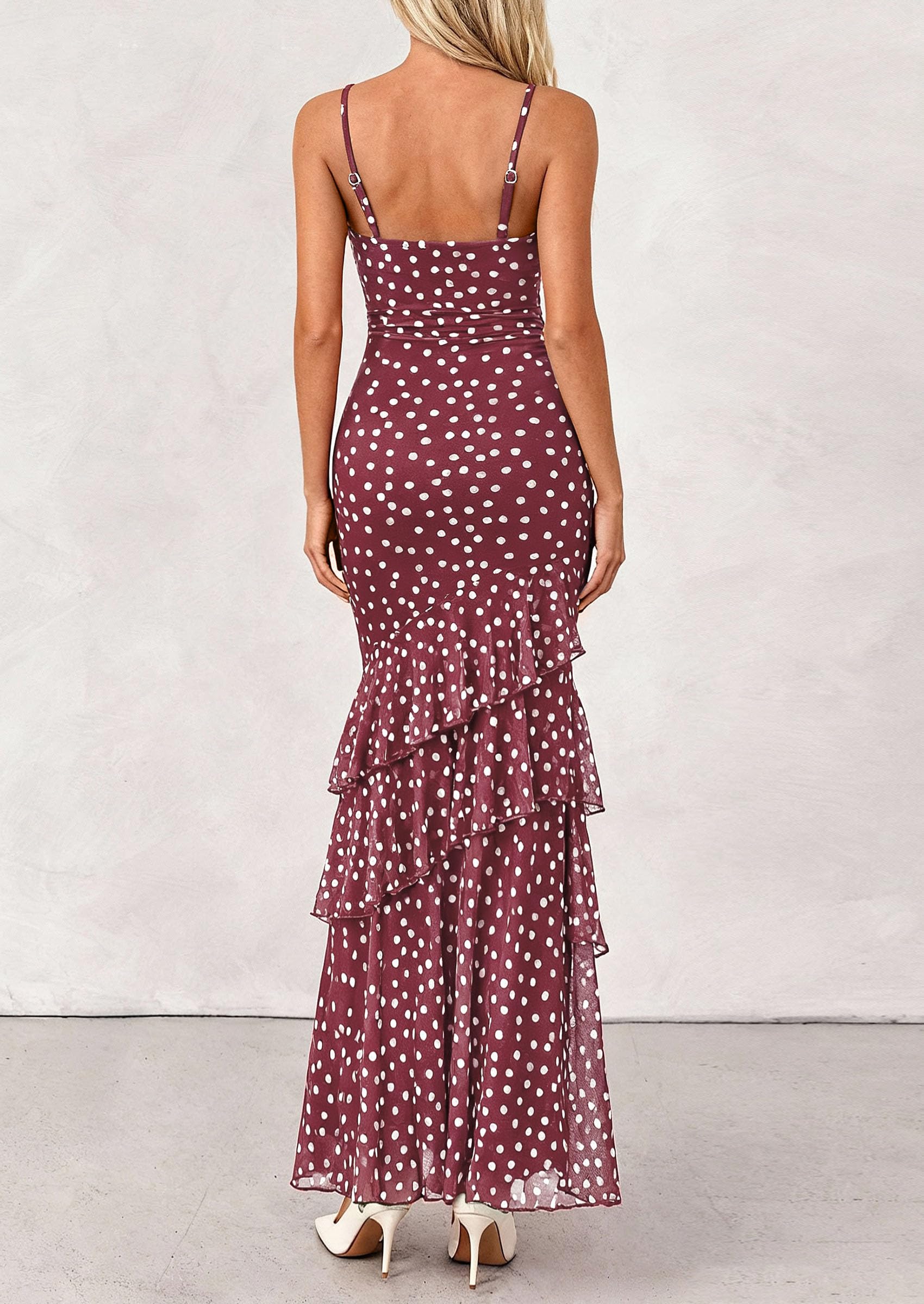 Women's Boho Floral Tiered Maxi Dress,01 Dot Burgundy White,XS