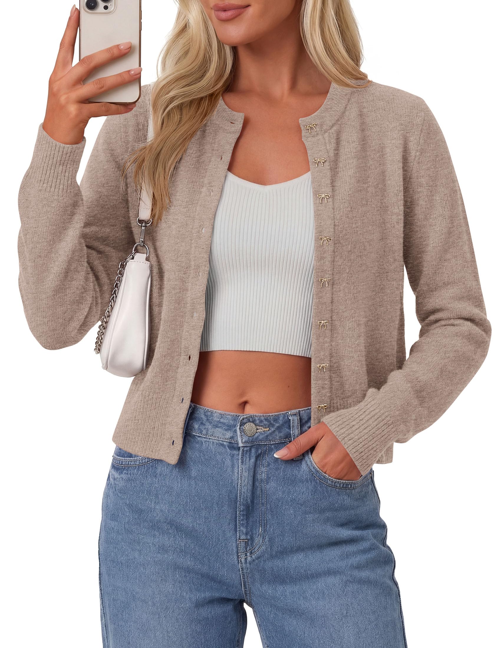Cardigan Sweaters for Women Cropped Bow Button Up Cardigan