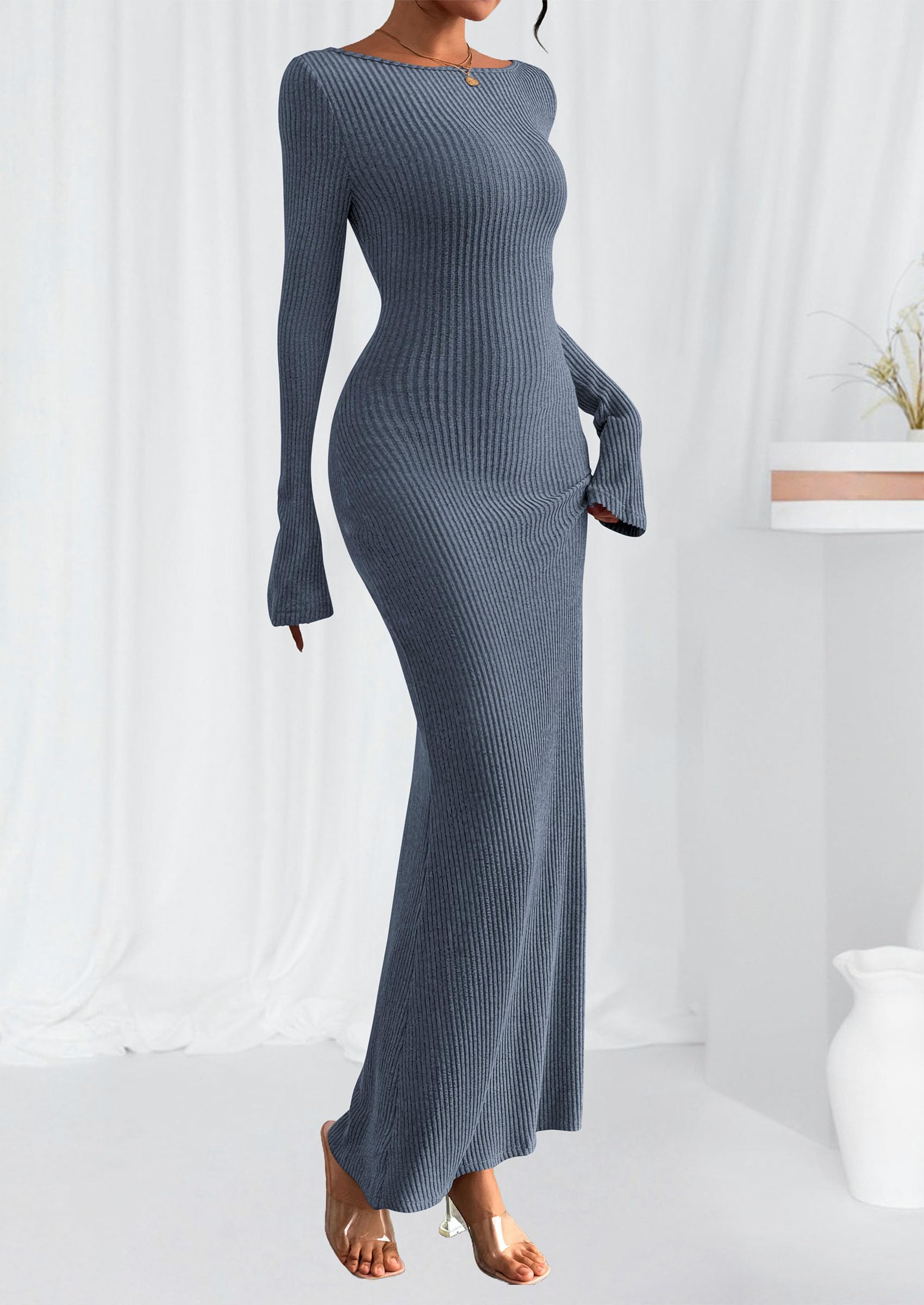 Women's Fall Long Sleeve Bodycon Maxi Dresses (Dusty Blue,XS)