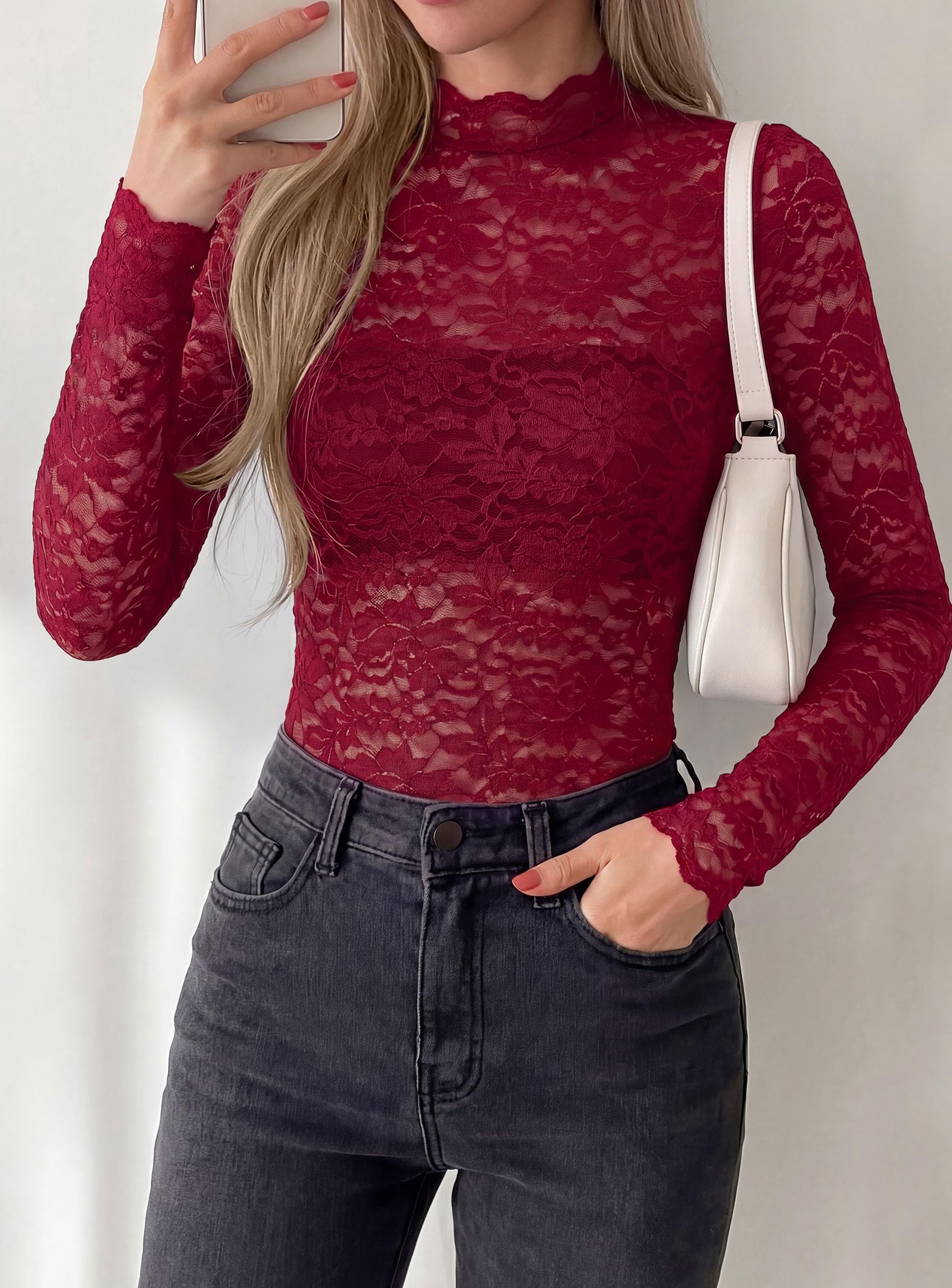 Womens Lace Long Sleeve Tops Sheer Mesh Blouse Wine Red,S