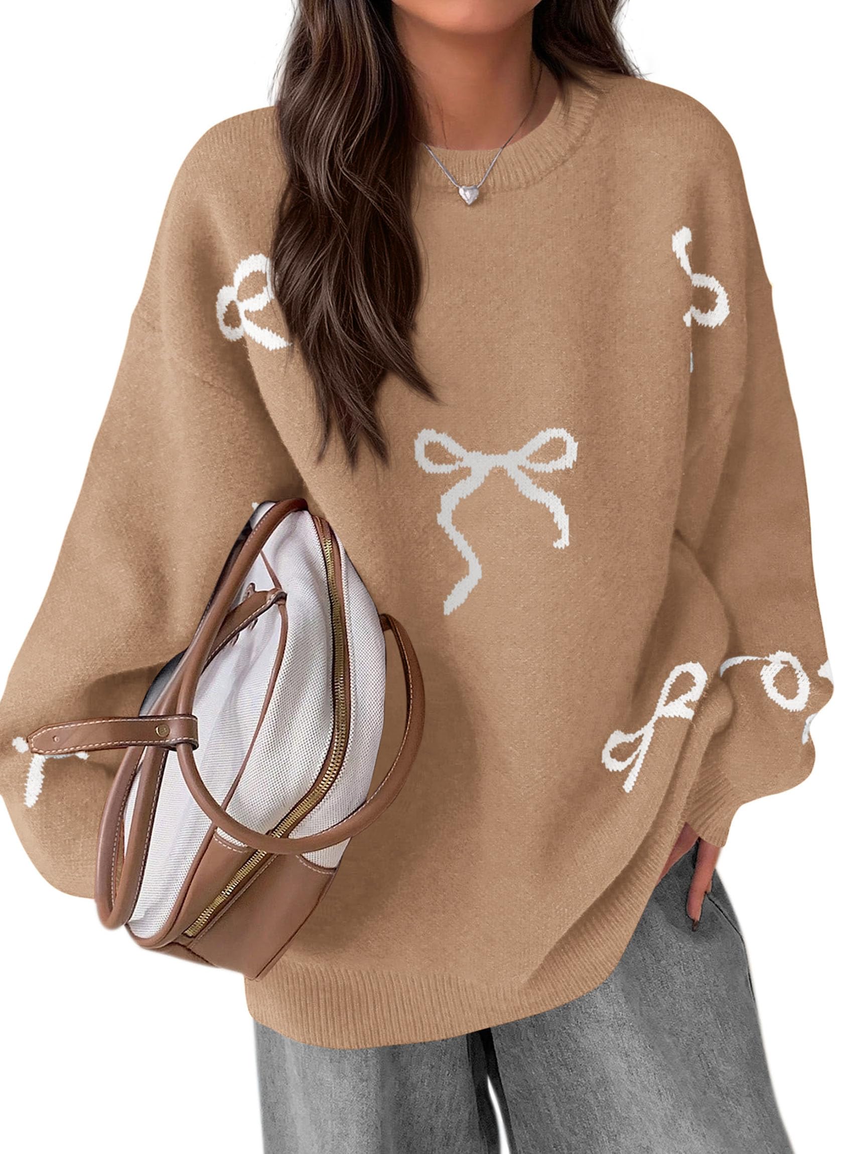 Fall Long Sleeve Pullover Sweaters for Women 2026 Trendy Crewneck Casual Cute Bow Chunky Knit Oversized Sweater (Camel,Small)