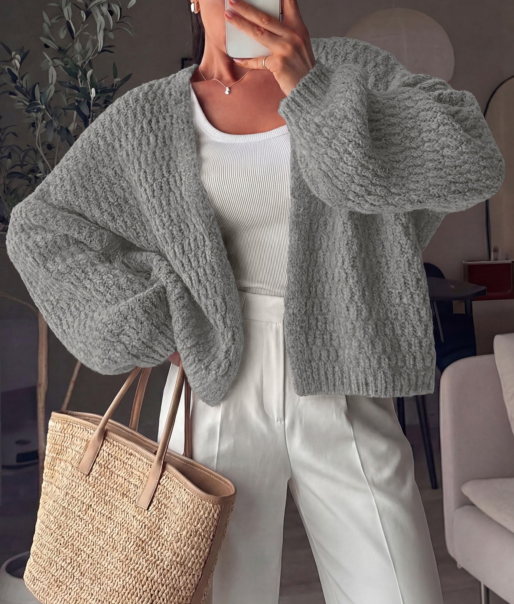 Women's Fall Cardigan Open Front Chunky Sweaters Grey S