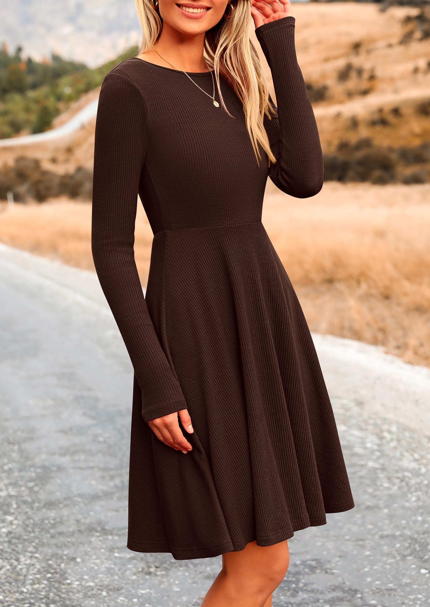 Women's Fall Casual Long Sleeve Short Dress (Dark Coffee,S)