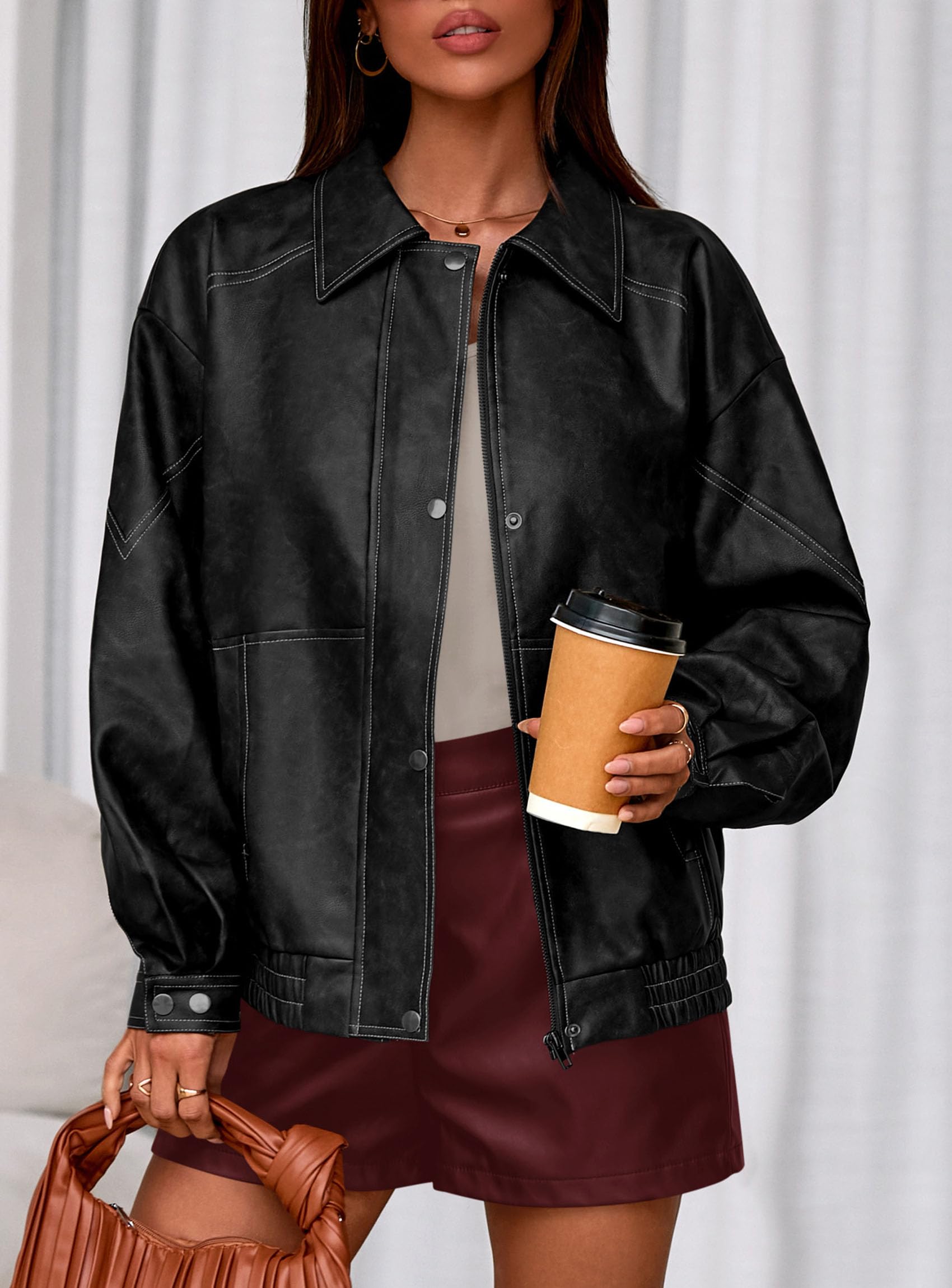 Womens Oversized Faux Leather Jacket Fall Winter Outfits
