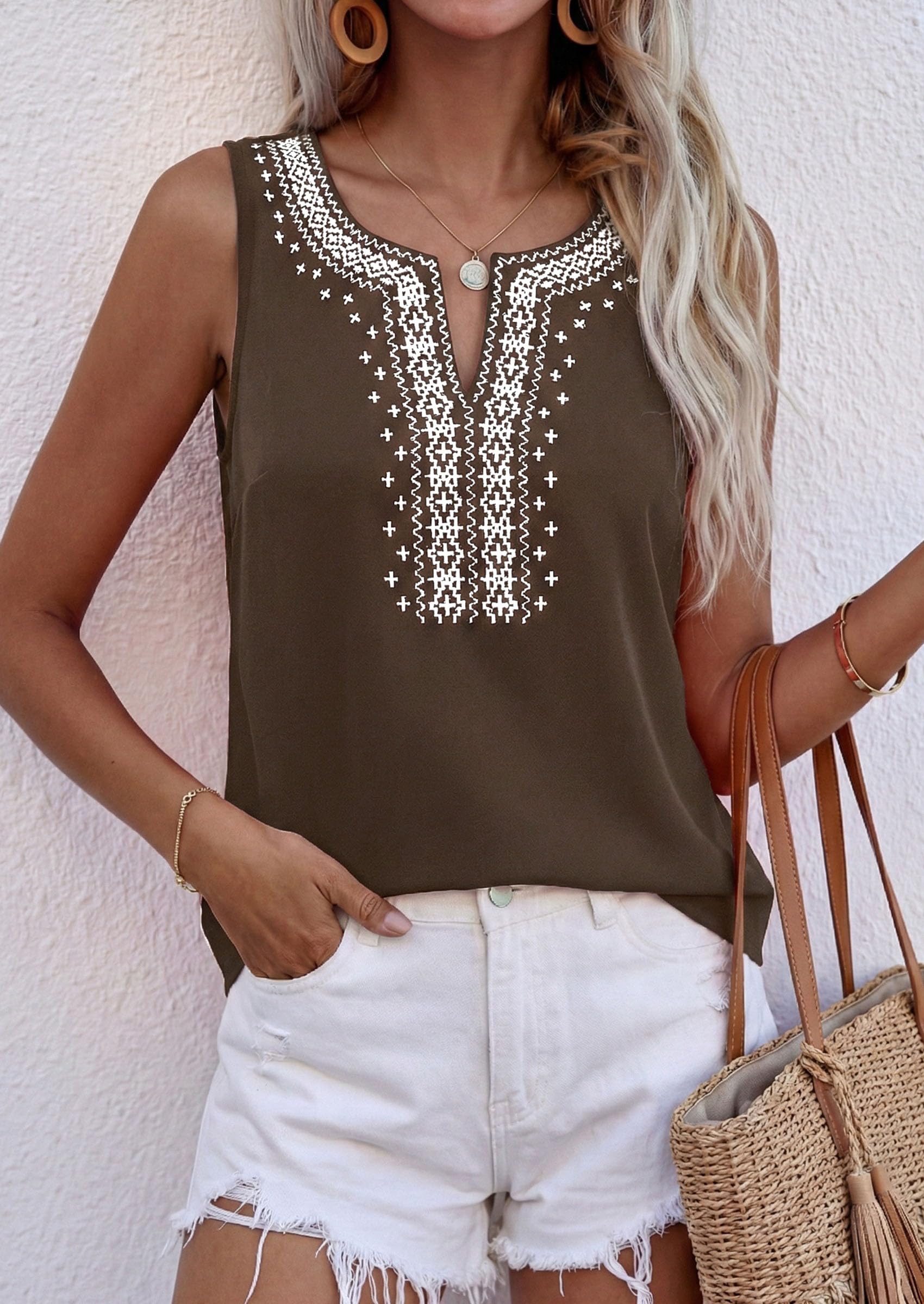 Womens Embroidered Sleeveless Tank Tops Brown,S