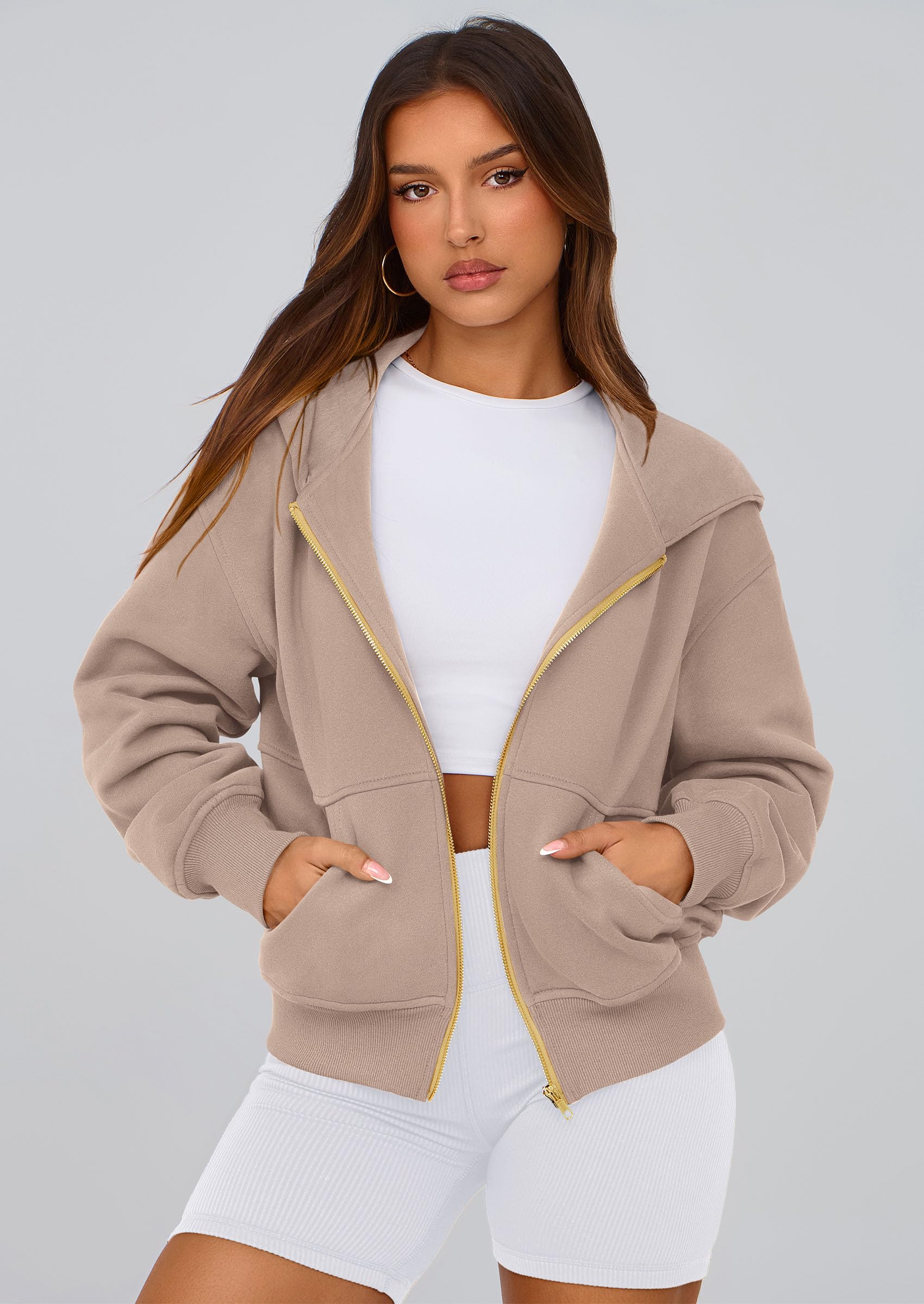 Hoodies for Women Fall Fashion Zip Up Fleece Plain Sweatshirt